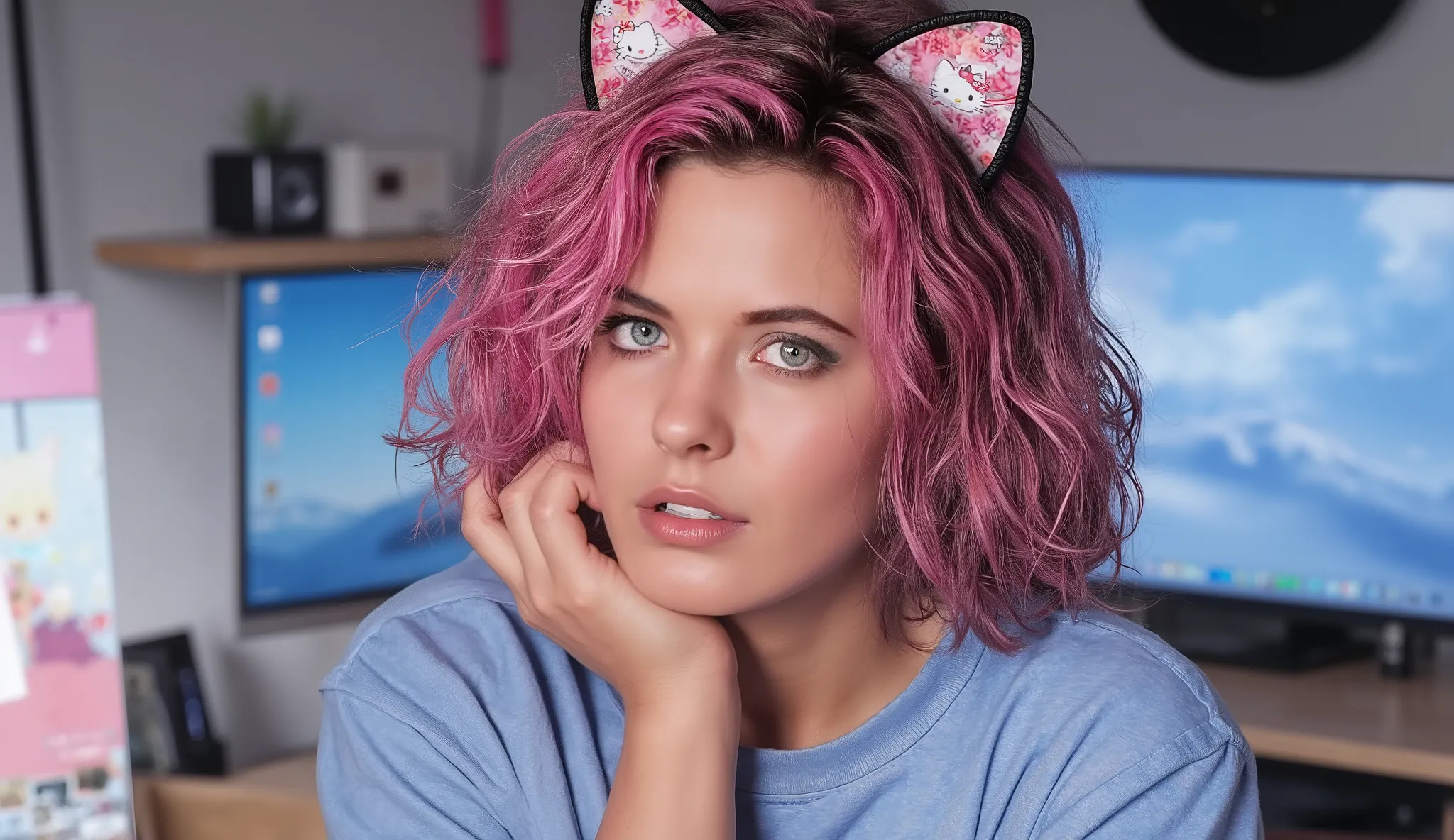 cute hot girl ,Her hairstyle is pink、One small braid for short hair、 oversized tees、 (neko ears and a Hello Kitty case)、Eyes are light bluish blue、The background is a gamingroom 、pose where you goo your hand and stick it to your face、I feel like I'm going ...