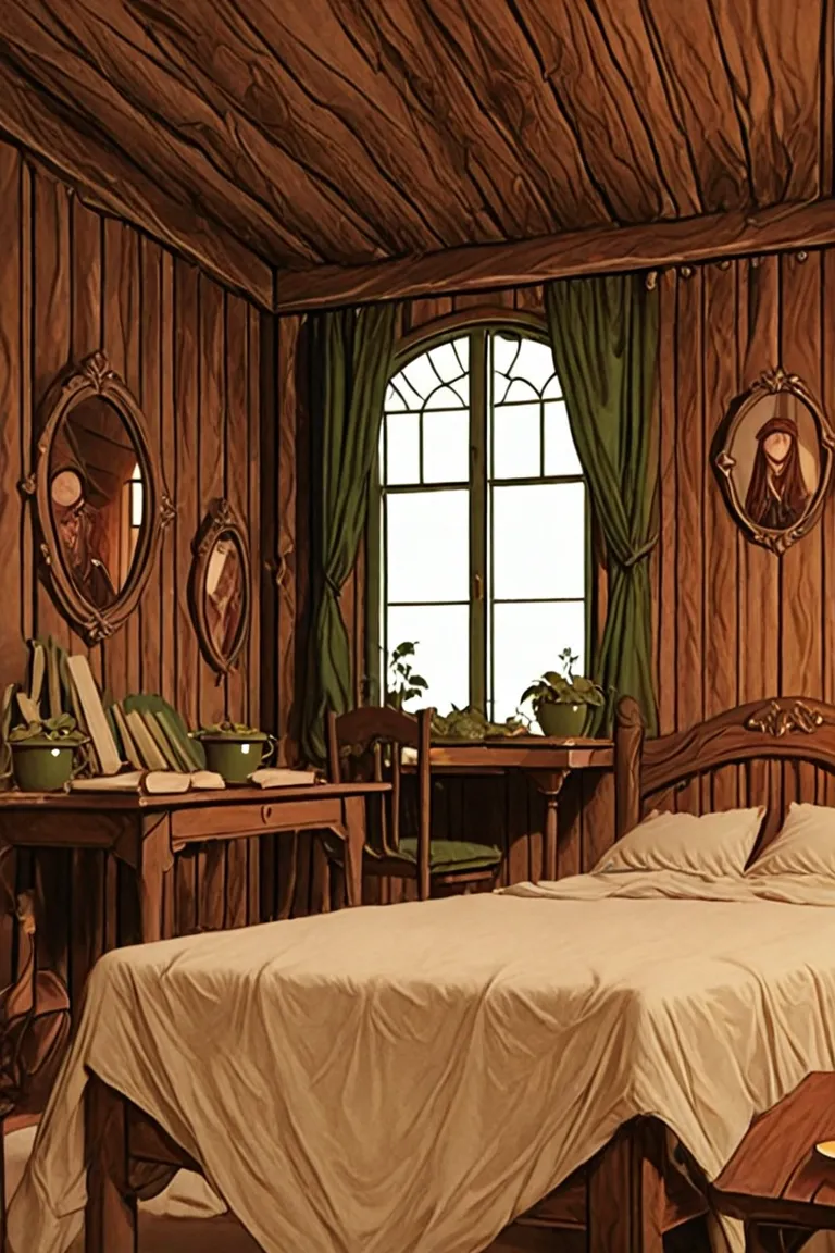 wizard&#39;s room, wooden wall, Window frame , Window frame  위 덩굴식물 화분 4개, Window frame  옆 침대, Table across the bed, chair, Mint pot on the table, Old books on the table, Wall mirror by the table,