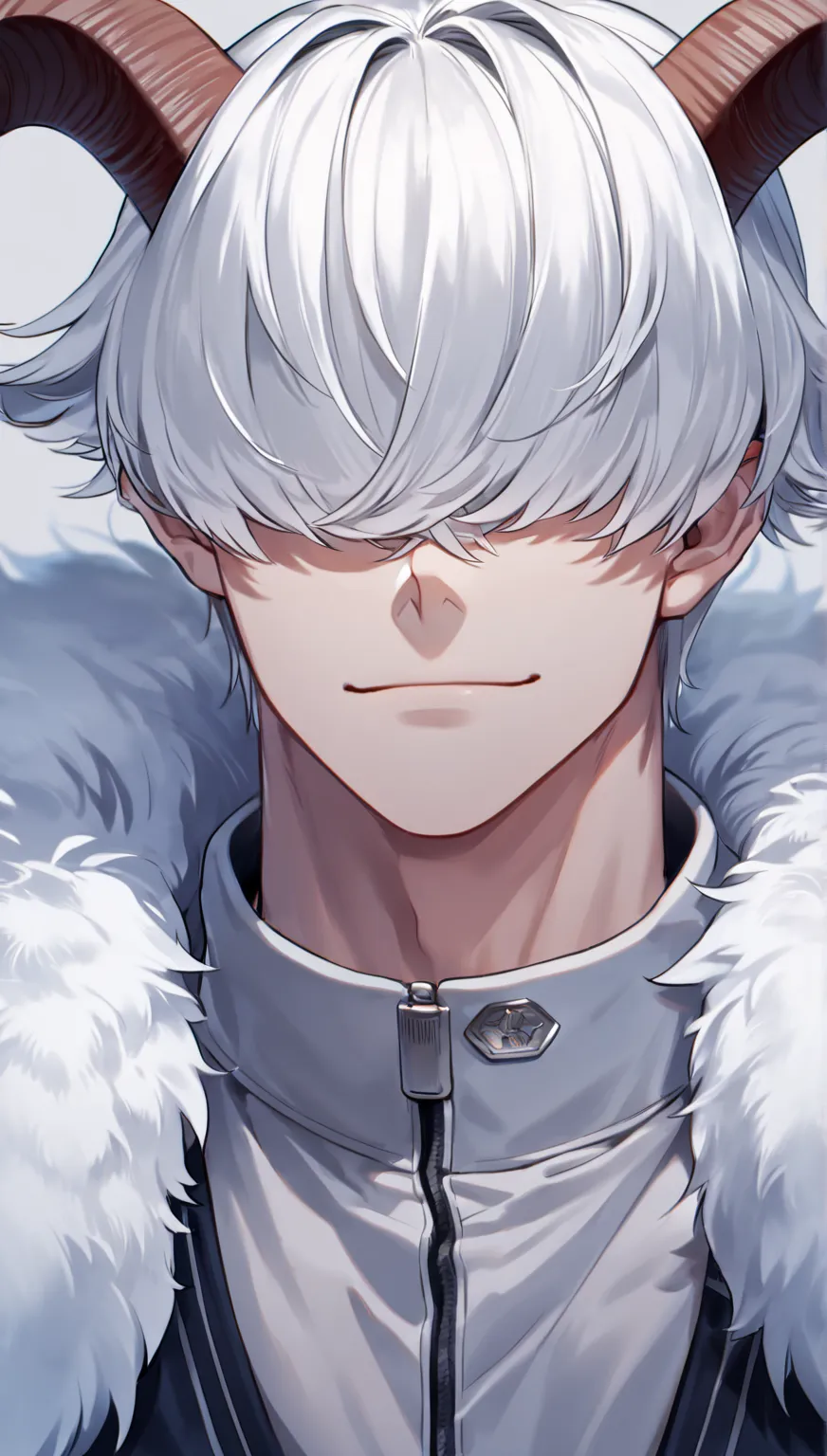 Ultra detailed, ((Alone un hombre)) (  hair over her eyes  )) high resolution, masterpiece, ((the hair over the eyes   )) ((winter clothing with white fur)) (( men with a faint smile)) (( ram's horns)) (( a crisp white hair))expressive,((detailed)) (( offers)), my hero academy, a handsome and sexy man, ((Alone)), brilliant, toned chest, ((detailed face and eyes,)) perfect way, best quality,  cotton background  , Close-up of a concentrated man