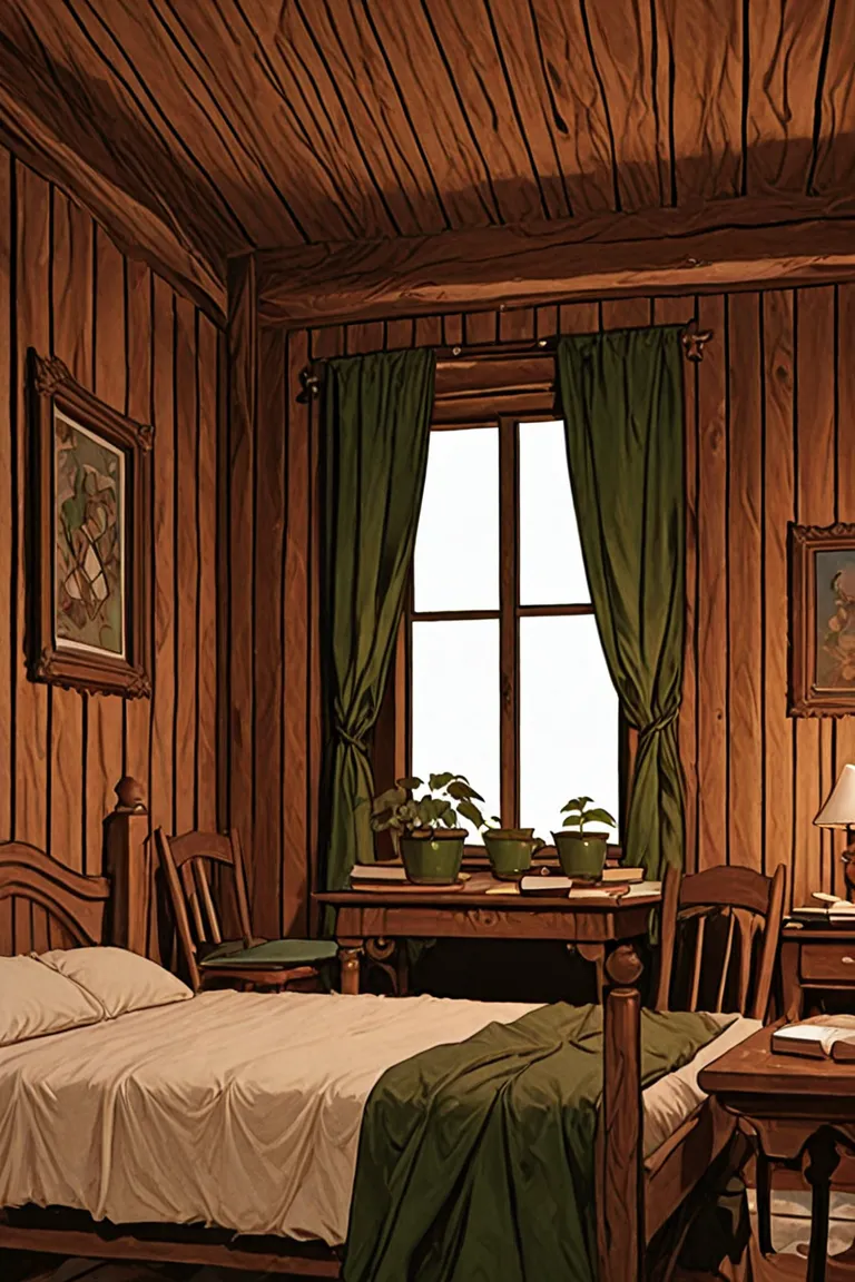 wizard&#39;s room, wooden wall, Window frame , Window frame  위 덩굴식물 화분 4개, Window frame  옆 하얀 침대, Table across the bed, chair, Mint pot on the table, Books on the table,