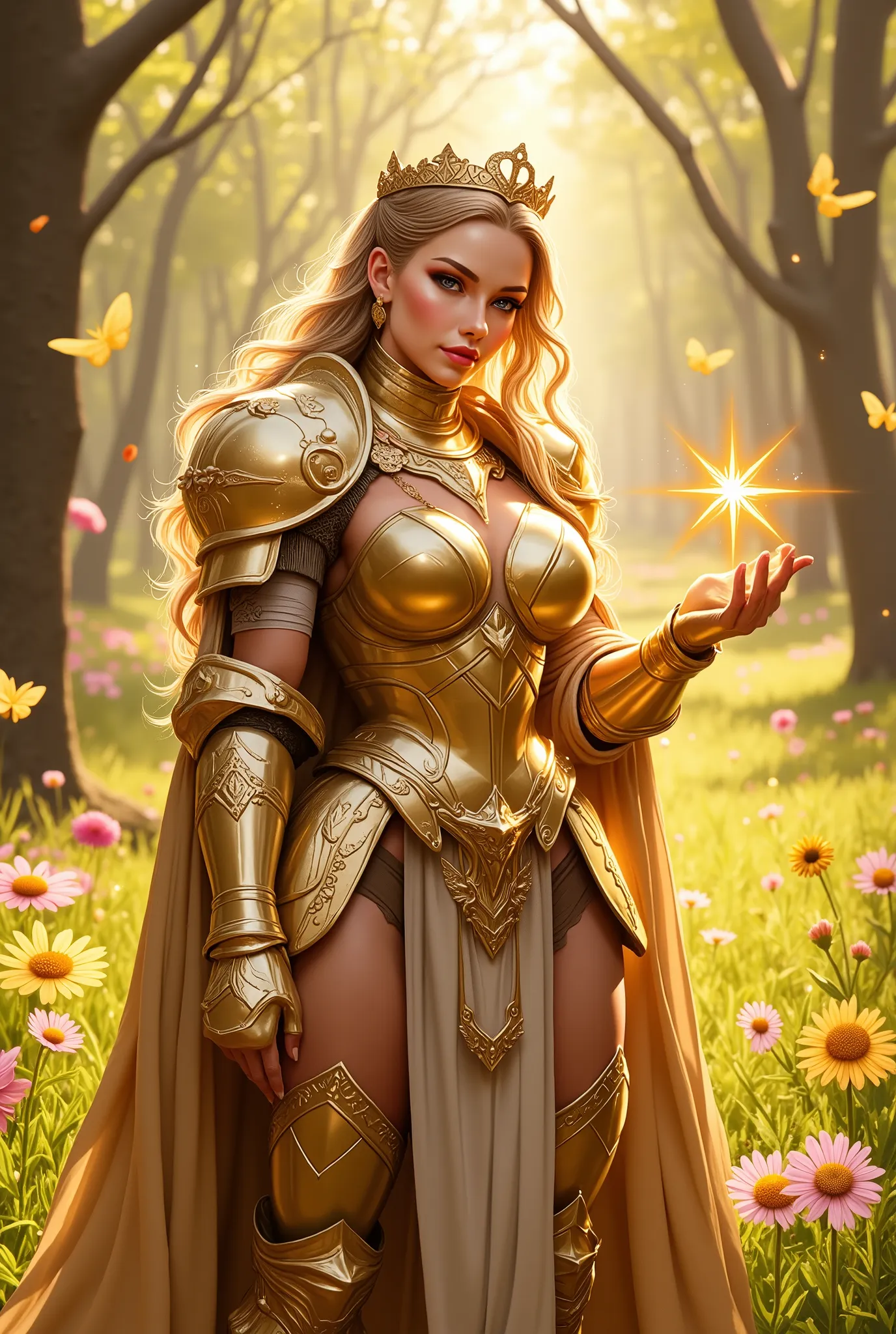 Full-body portrait of a breathtaking, sensual warrior queen in majestic golden knight armor, standing gracefully in a colorful spring forest bathed in soft golden sunlight. She wears a delicate golden crown atop her long, wavy blonde hair. Her face is roun...