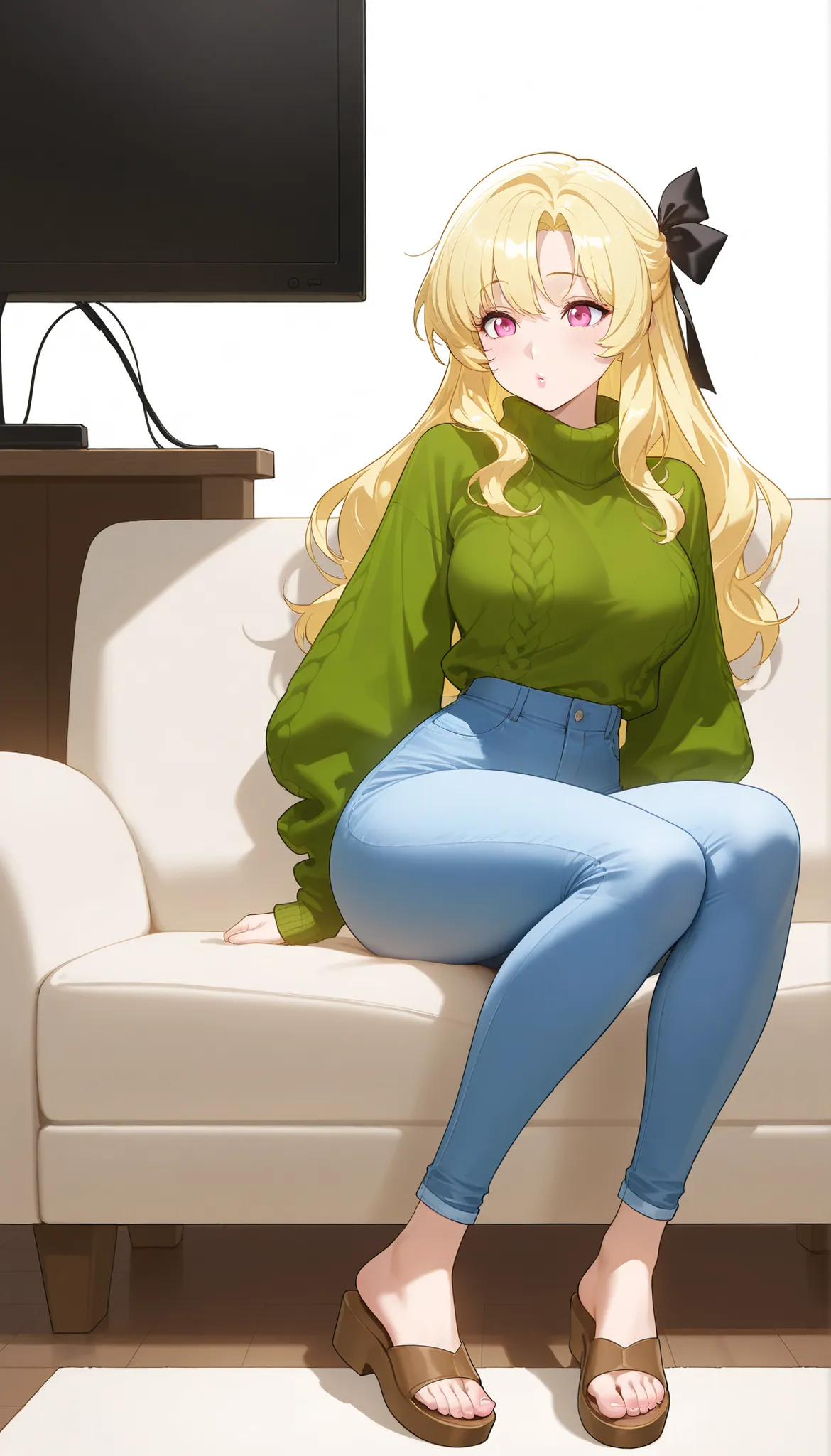 A mature beautiful woman with blond hair, extremely fair white natural skin, big pink eyes, red plump glossy lips, a small waist, and a perfect slim yet curvy body. She's only wearing a baggy light-green woolen sweater, long tight blue jeans, one hair ribb...