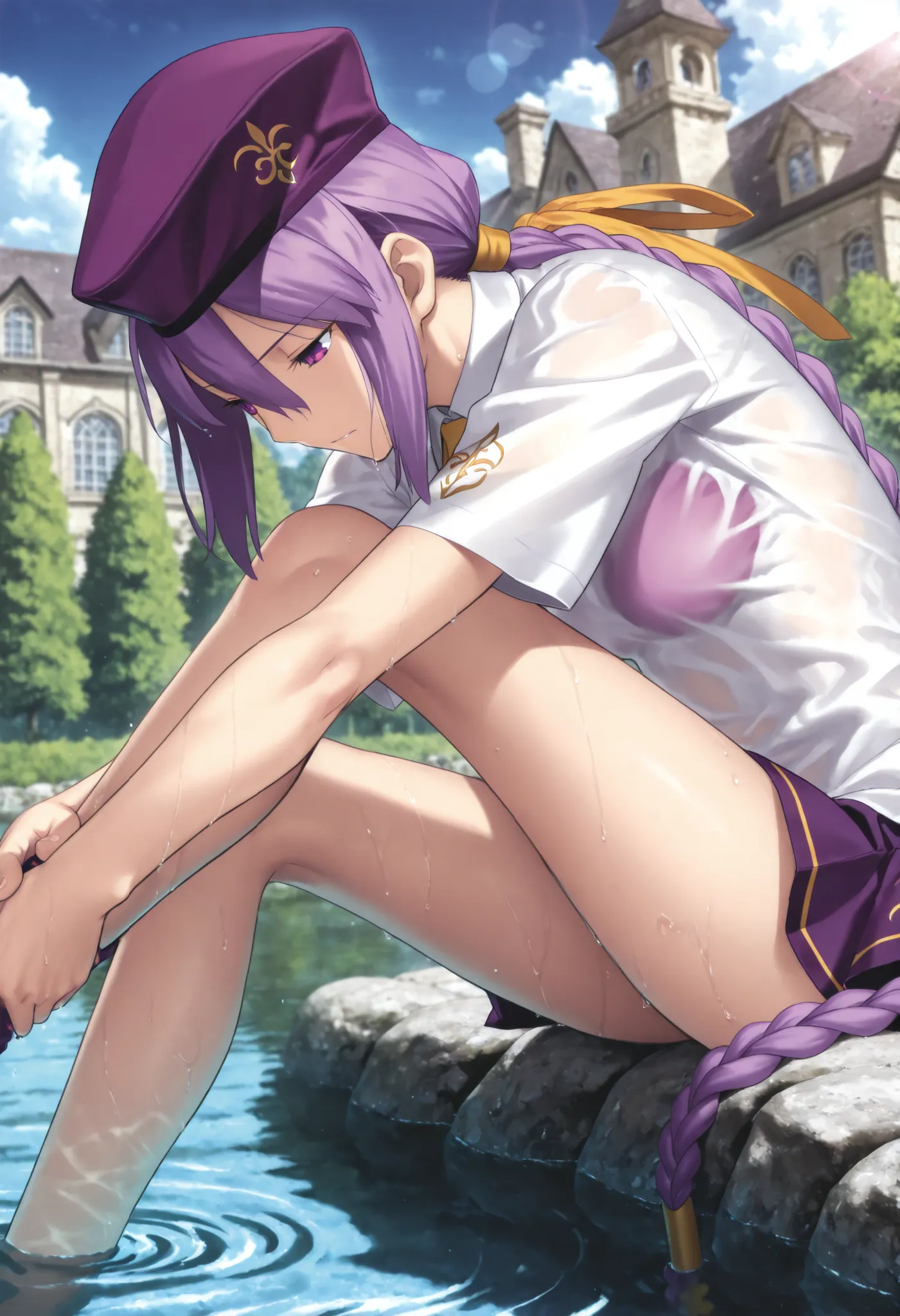 masterpiece, , absurdres, highres, detailed background, high resolution, masterpiece, necessary, detail, best quality, quality, necessary, details, High details, Precise, dark, outdoors, (mansion, ,river), lens flare, blurry background, (in water) ,from si...