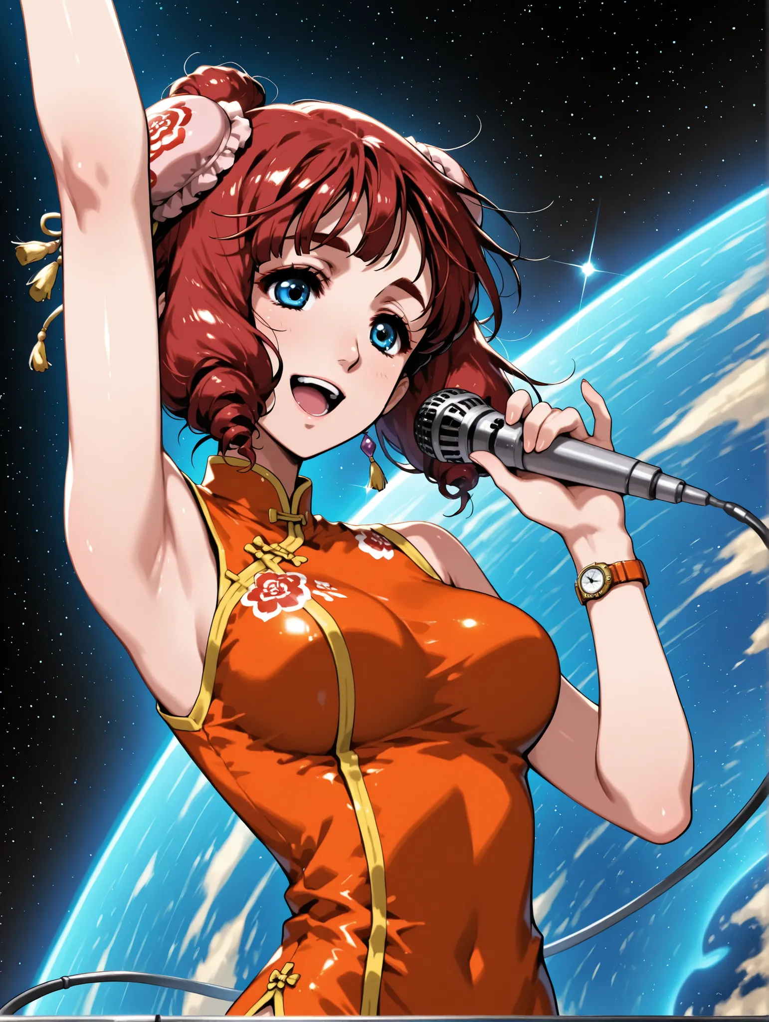 (masterpiece、Highest Quality、Highest Quality、Official Art、beautiful and beautiful:1.2)、(1 girl on break day:1.3) Ling Min Mei ,1 girl, bun hair, beautiful breasts, Watch Viewers, smile, (( Ling Min Mei of macross)),girl in red china dress、open your mouth,...