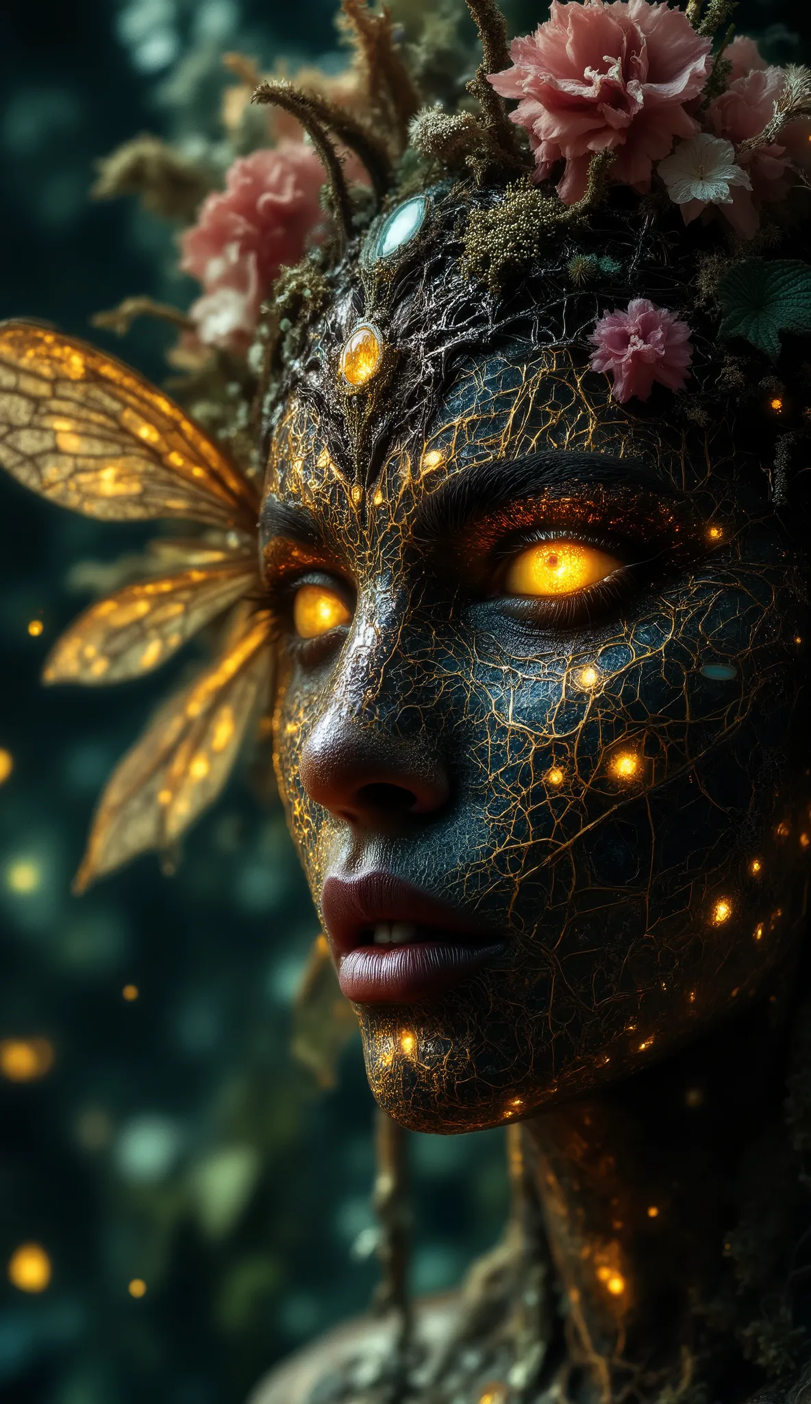  surreal mythic female, bronze-glazed skin with glowing cracks, honeycomb and gemstone fusion patterns, crown of fossilized coral and translucent insect wings, blooming moss and tiny crystal formations on skin, faint nebula glow behind, whispering wind tex...