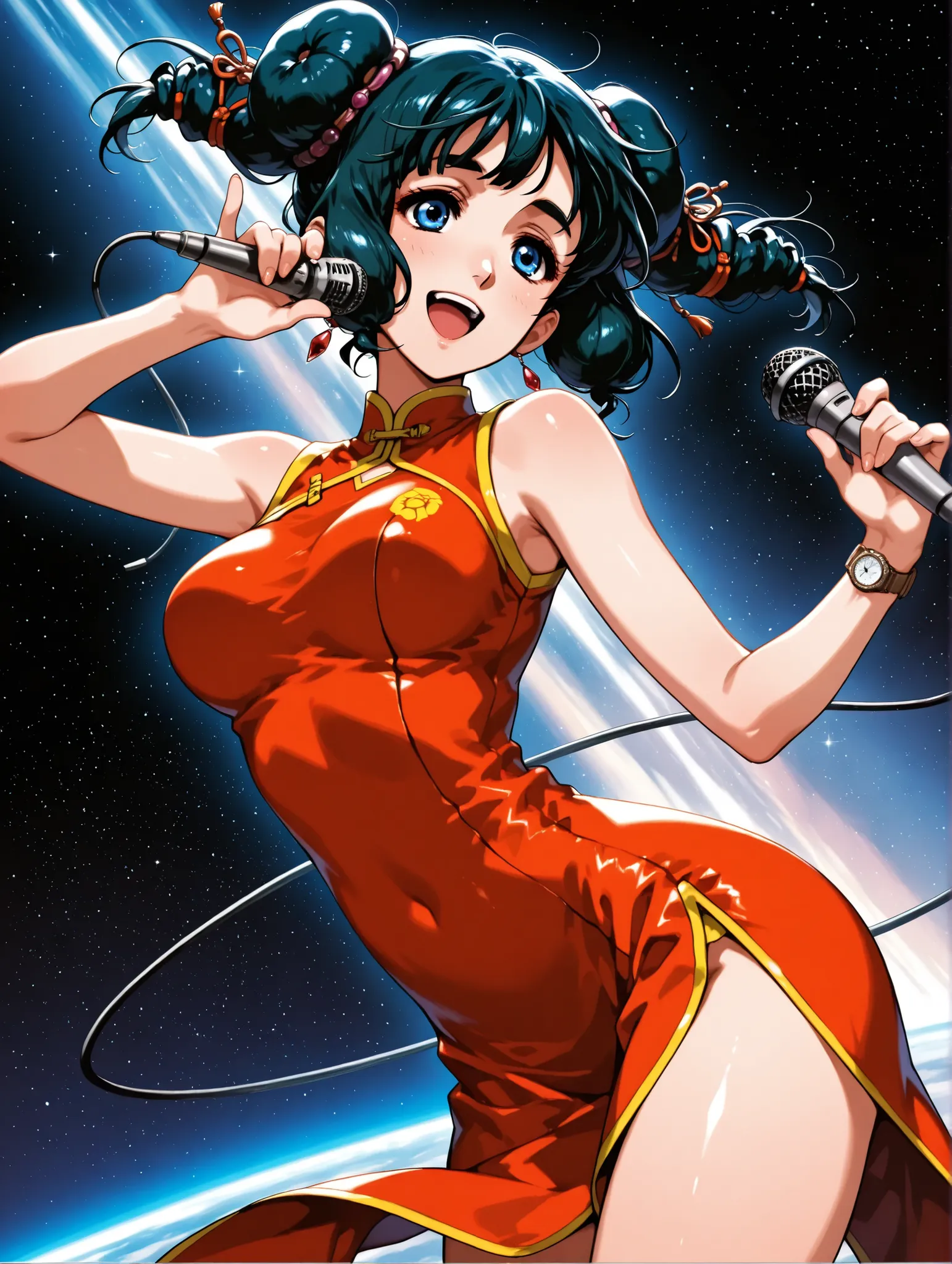 (masterpiece、Highest Quality、Highest Quality、Official Art、beautiful and beautiful:1.2)、(1 girl on break day:1.3) Ling Min Mei ,1 girl, bun hair, pigtails、black hair、beautiful breasts, Watch Viewers, smile, (( Ling Min Mei of macross)),red china dress、open...