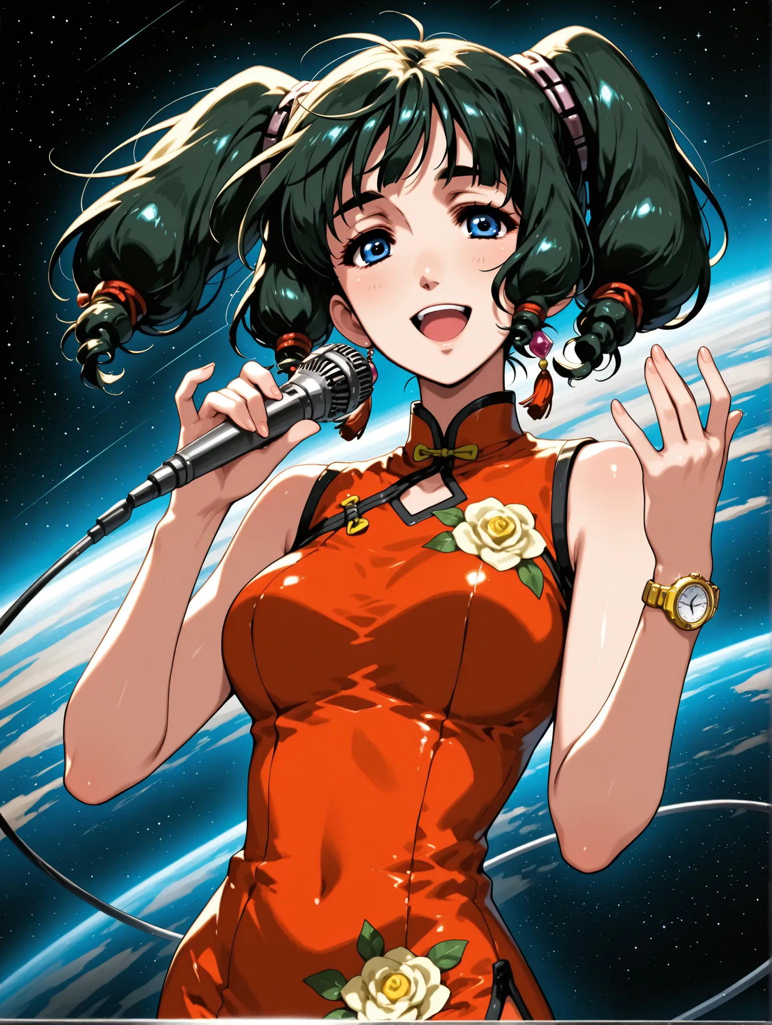 (masterpiece、Highest Quality、Highest Quality、Official Art、beautiful and beautiful:1.2)、(1 girl on break day:1.3) Ling Min Mei ,1 girl, bun hair, pigtails、black hair、beautiful breasts, Watch Viewers, smile, (( Ling Min Mei of macross)),red china dress、open...