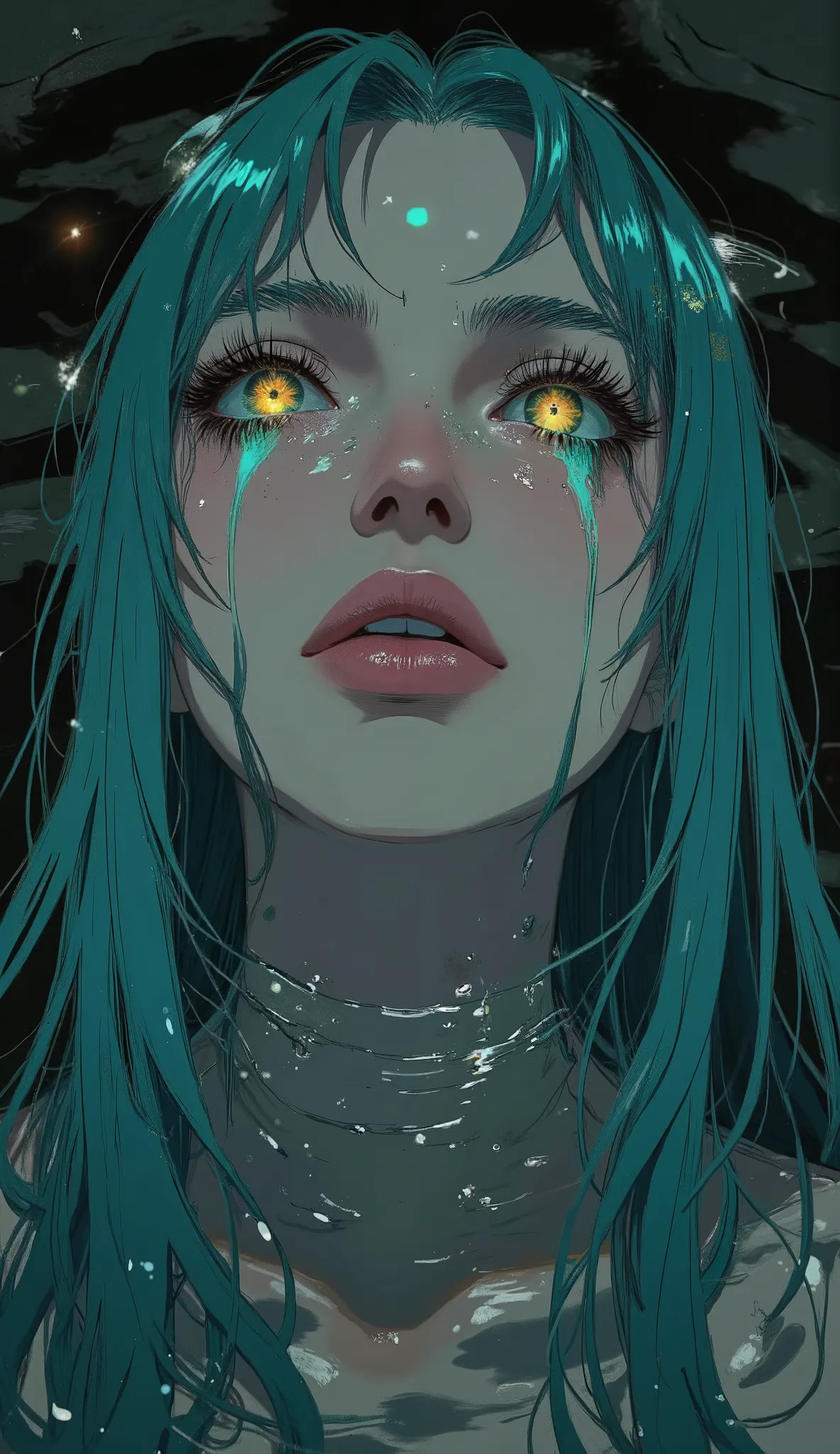 Anime, Off-center composition, main vilain character.
Close up portait of a beautiful woman, long flowing teal hair, porcelain skin.
Her face is partially submerged in the water, with her eyes looking up towards the sky. Glowing demonic eyes, golden glowin...
