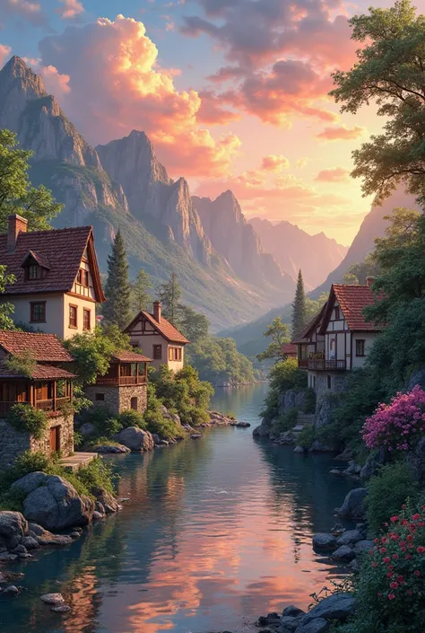 A small village by the river, montanhas ao fundo, flores coloridas, paisagem detalhada, beautiful natural scenery, atmospheric lighting,  scorching sunset , cores quentes, practical, photographic, folhagem detalhada, complex buildings , cobblestone street, charming country house, cores vibrantes, lush vegetation, reflections in the water, pitoresco, idyllic, obra de arte, melhor qualidade, 8k, extremely detailed, estilo anime