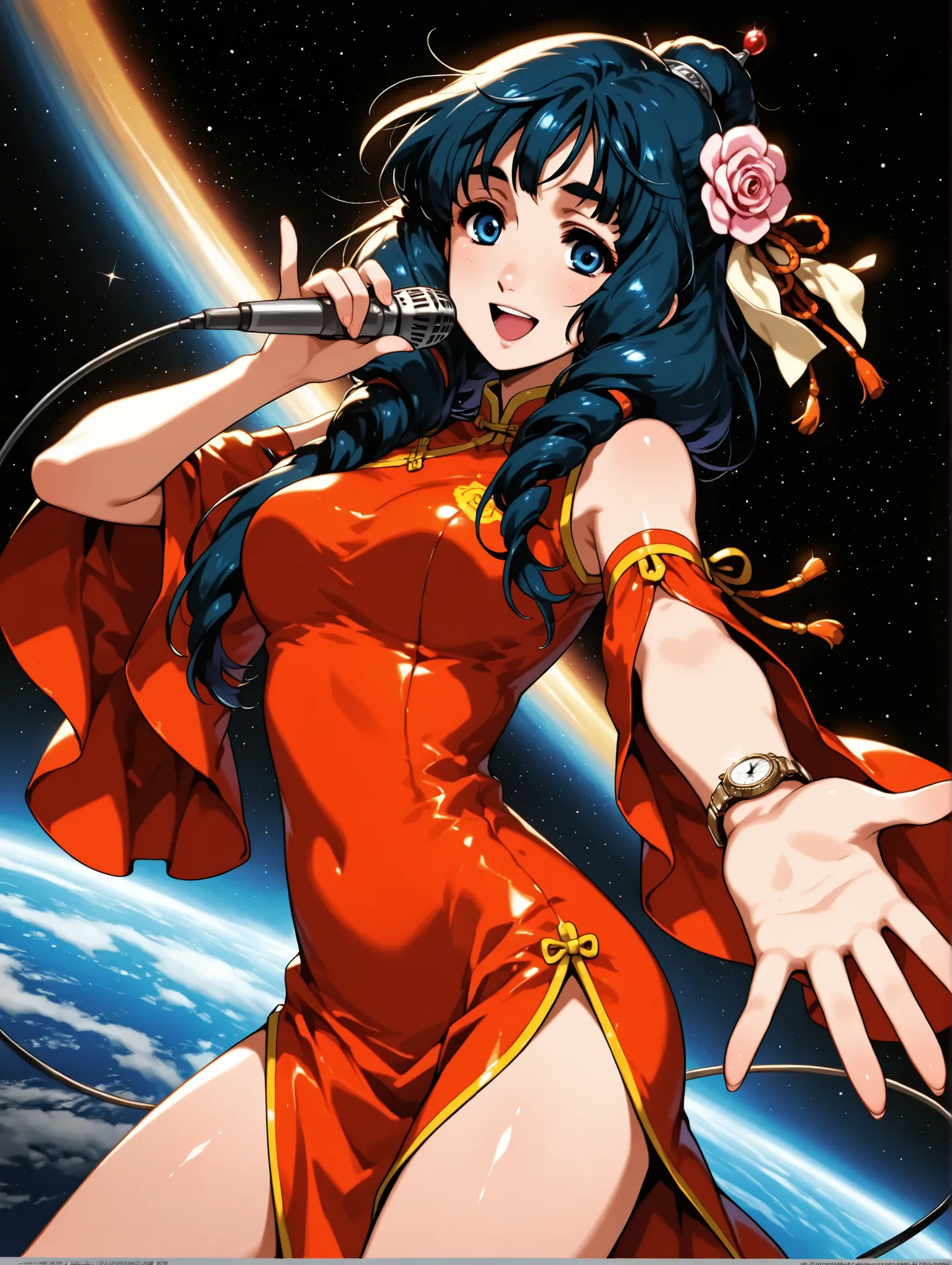 (masterpiece、Highest Quality、Highest Quality、Official Art、beautiful and beautiful:1.2)、(1 girl on break day:1.3) Ling Min Mei ,1 girl, China hair 、black hair、beautiful breasts, Watch Viewers, smile, (( Ling Min Mei of macross)),red china dress、open your m...
