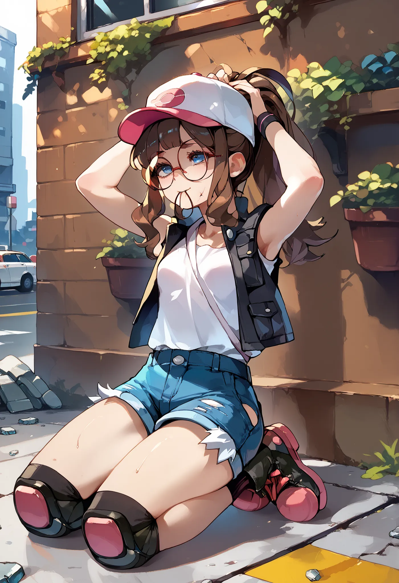 score_9, score_8_up, score_7_up, source_anime, UHD, BREAK, fio germi, pokemonhilda, BREAK, curly sidelock, round glasses, baseball cap, ponytail, blunt bangs, BREAK, urban park background, overgrown weeds, cracked concrete sidewalk, BREAK, pear body shape,...
