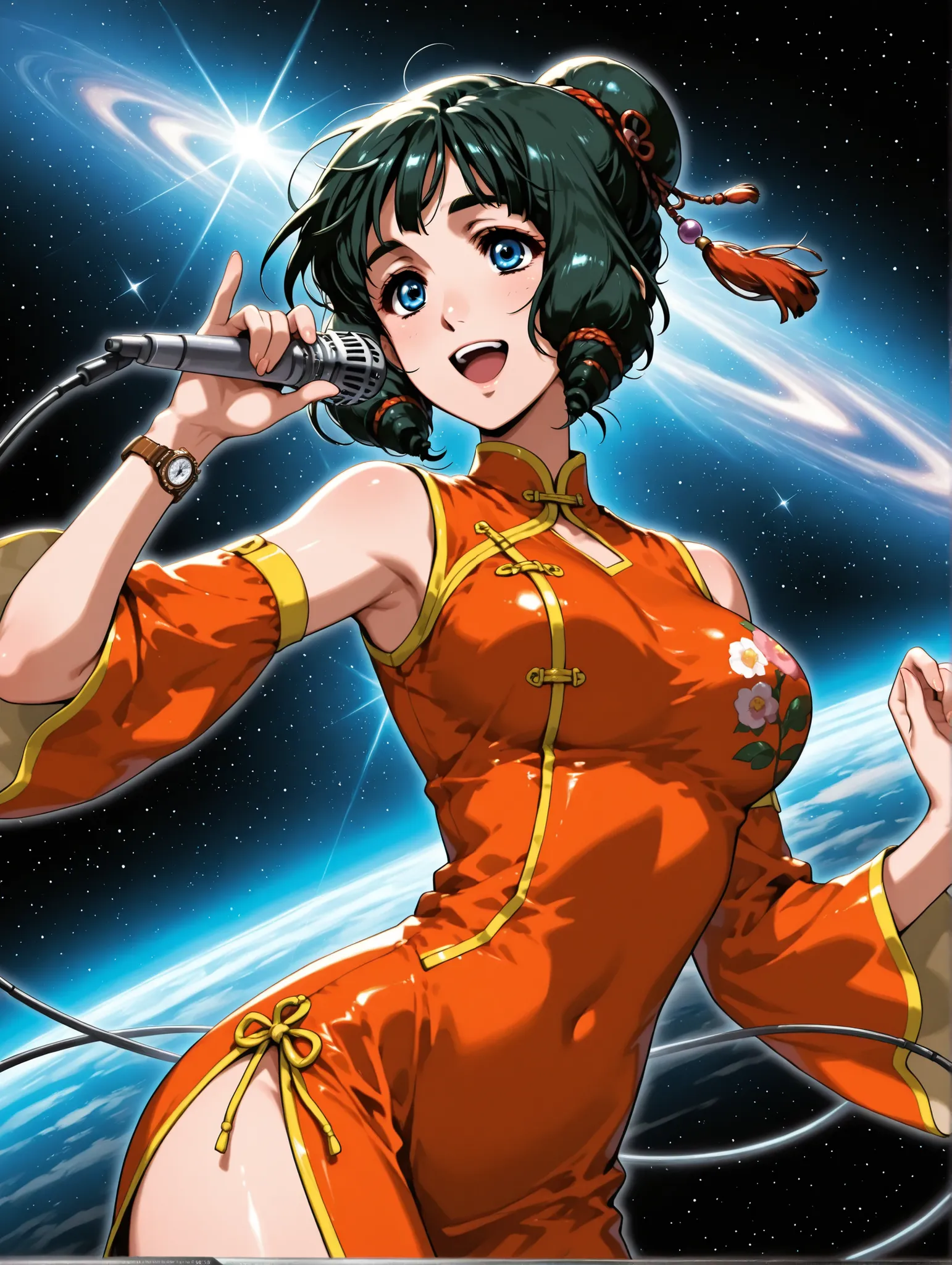 (masterpiece、Highest Quality、Highest Quality、Official Art、beautiful and beautiful:1.2)、(1 girl on break day:1.3) Ling Min Mei ,1 girl, bun hair、black hair、beautiful breasts, Watch Viewers, smile, (( Ling Min Mei of macross)),red china dress、open your mout...