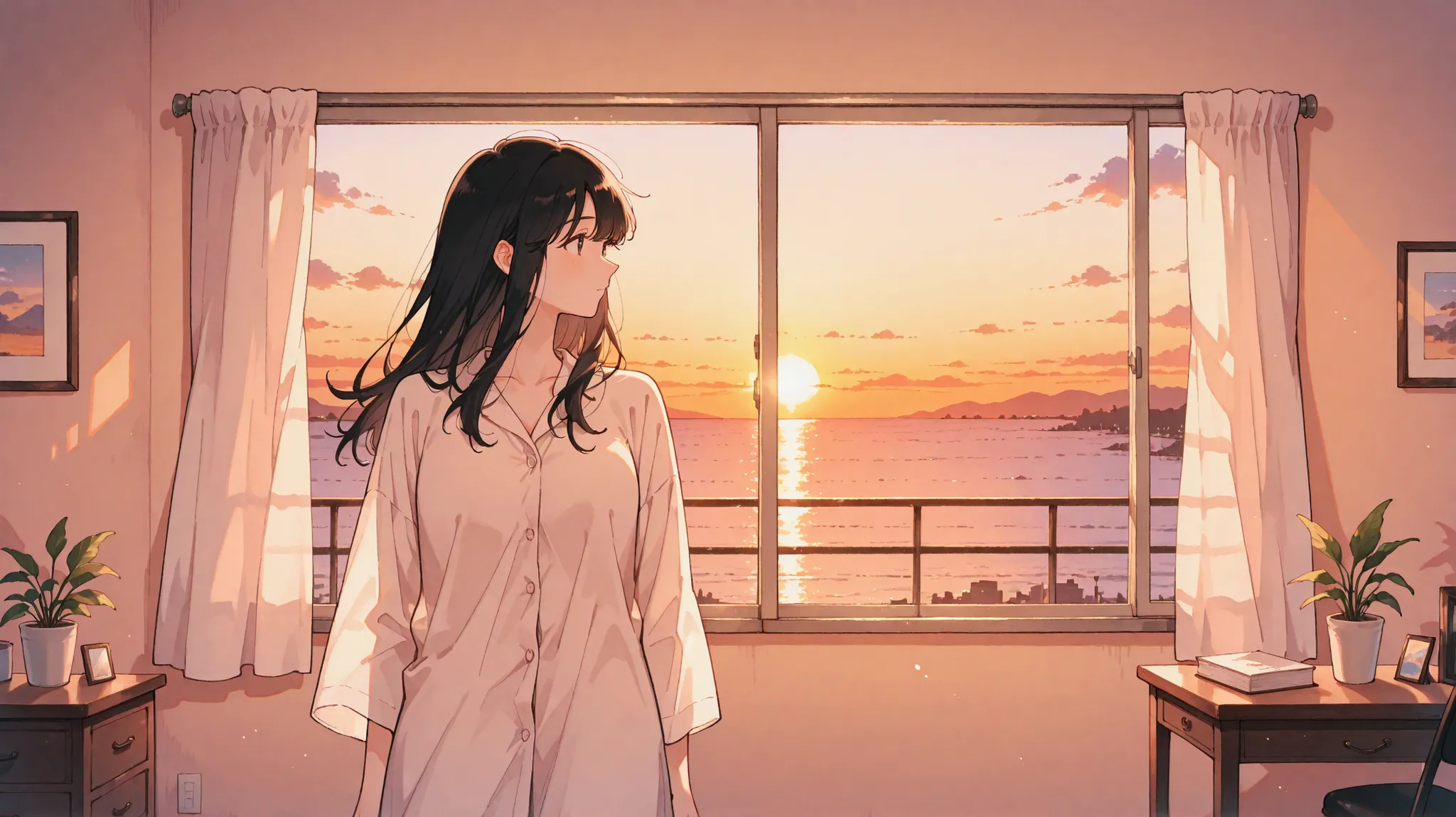 cowboy shot,looking away,Woman,detail eyes,(tareme0.3), black  hair,long hair,room,sunset,アニメ風、高精細,masterpeace