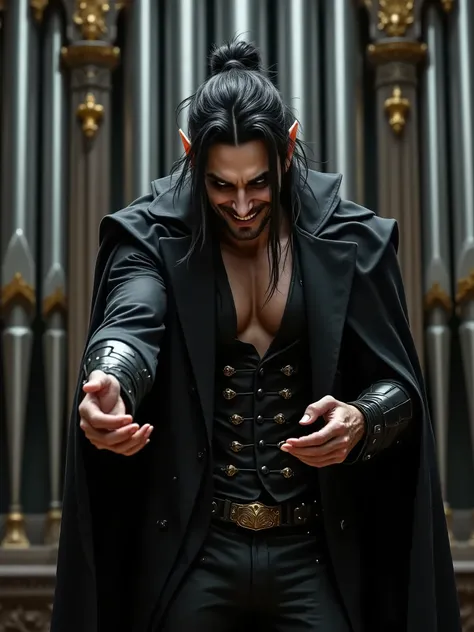 Dark, brooding, villainous, operatic, mischievous smirk, partial grin, hand extended to help, warm eyes, studio-quality, dark male, villainous, pipe organ, dramatic, powerful vocal, musical