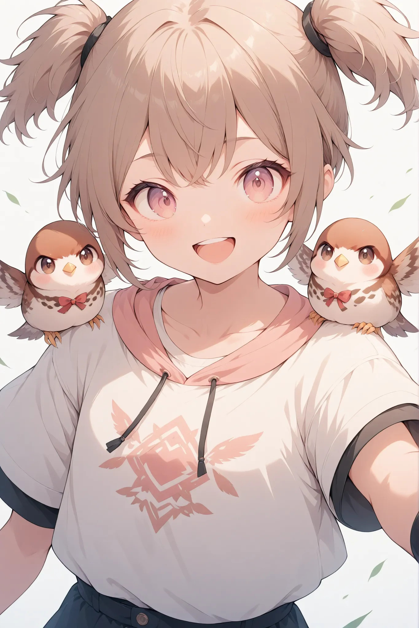A girl with a sparrow as a motif、 Hair、Mini Twintails、Innocent Girl、boyish、brown and white clothes、roar with laughter