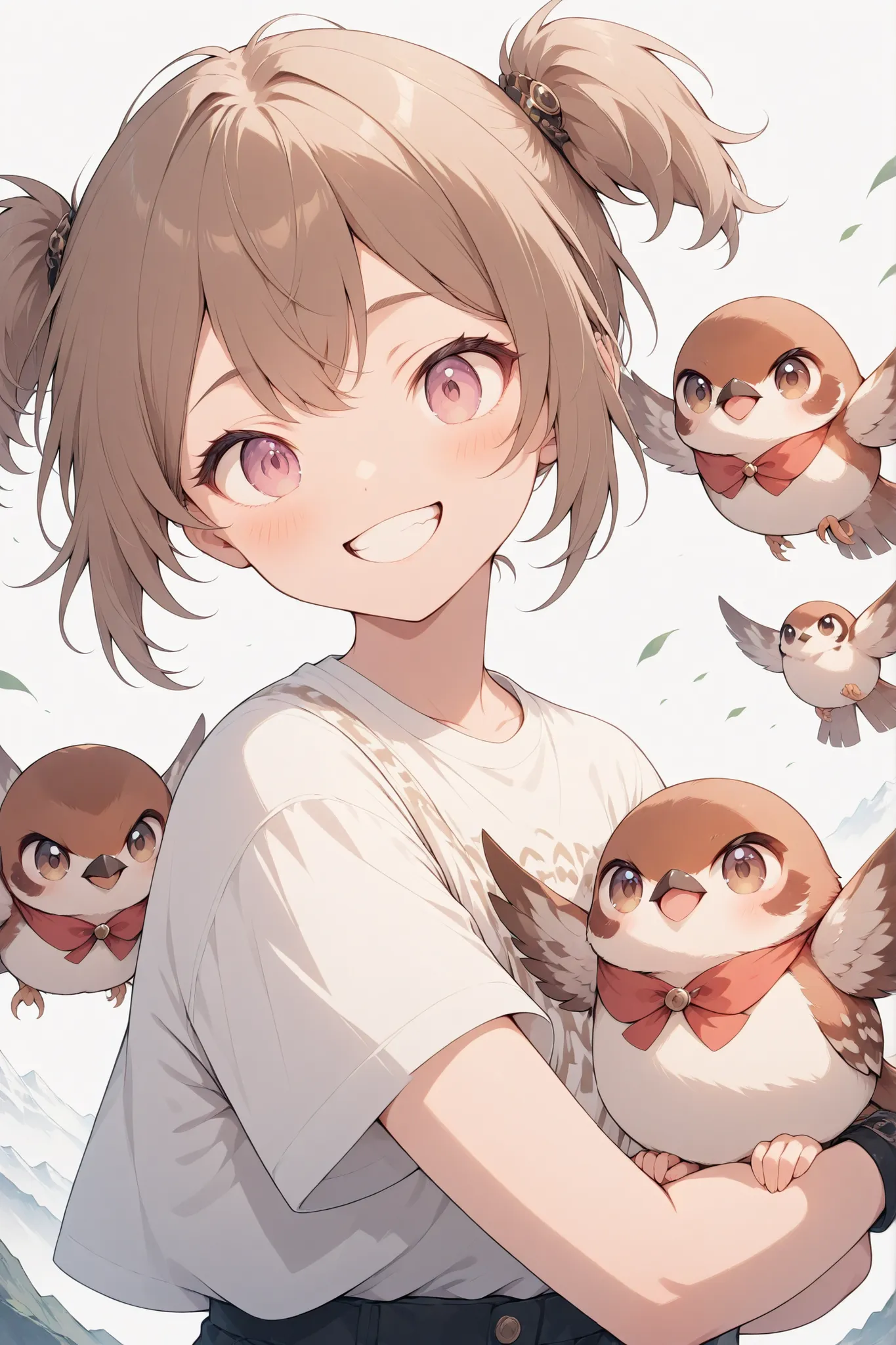 A girl with a sparrow as a motif、 Hair、Mini Twintails、Innocent Girl、boyish、brown and white clothes、roar with laughter
