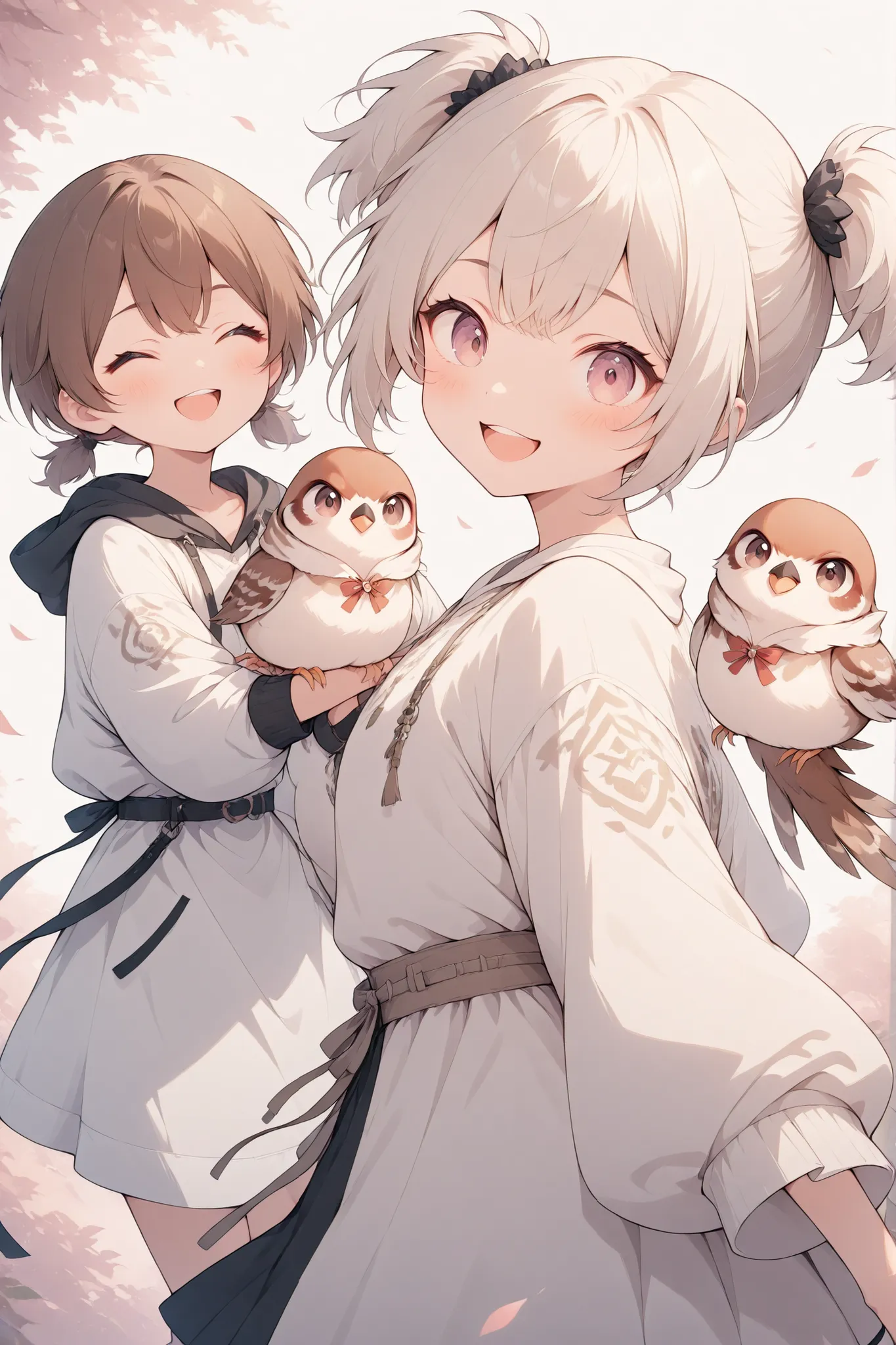 A girl with a sparrow as a motif、 Hair、Mini Twintails、Innocent Girl、boyish、brown and white clothes、roar with laughter