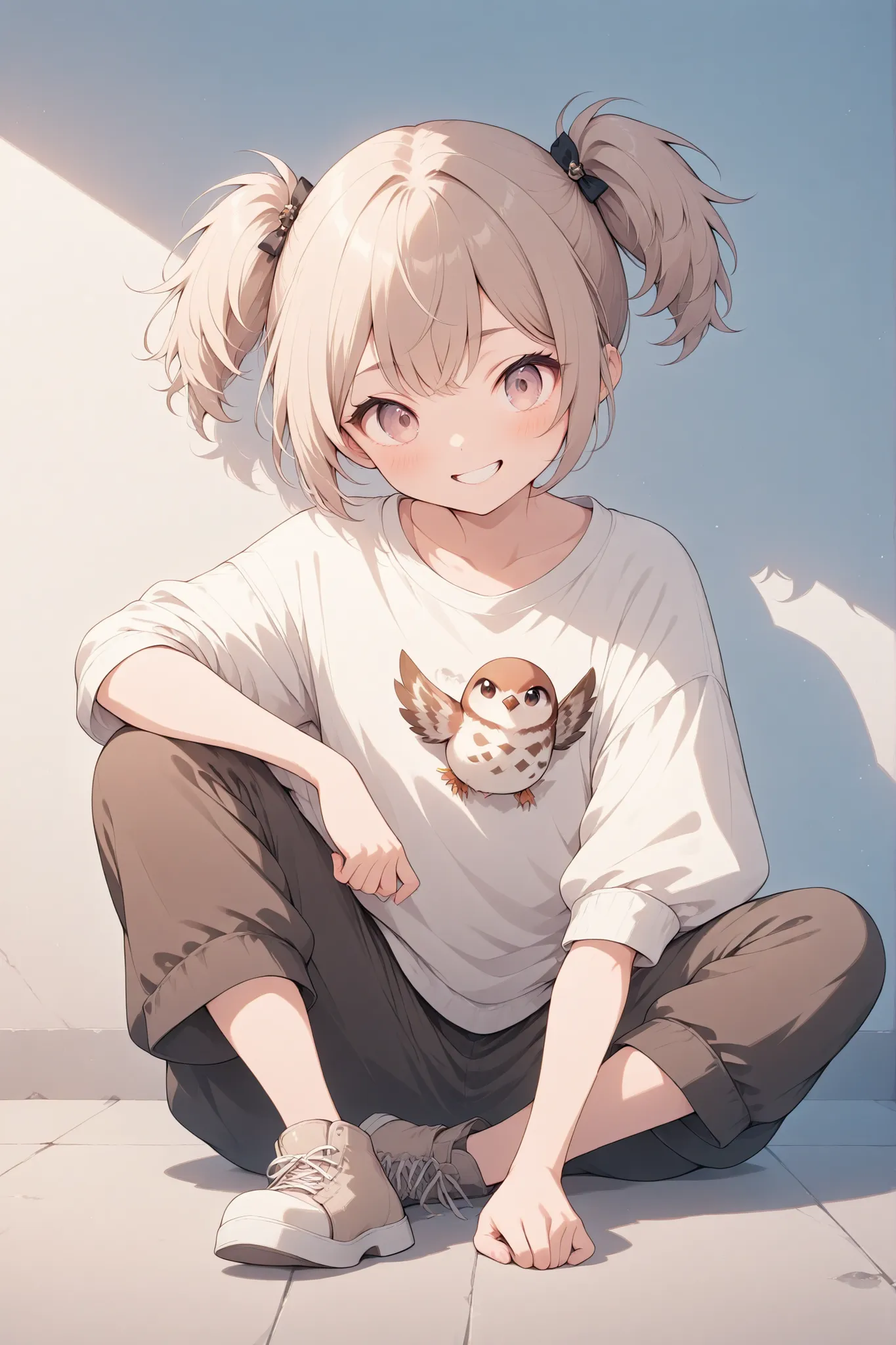 A girl with a sparrow as a motif、 Hair、Mini Twintails、Innocent Girl、boyish、brown and white clothes、rolling on the floor laugh