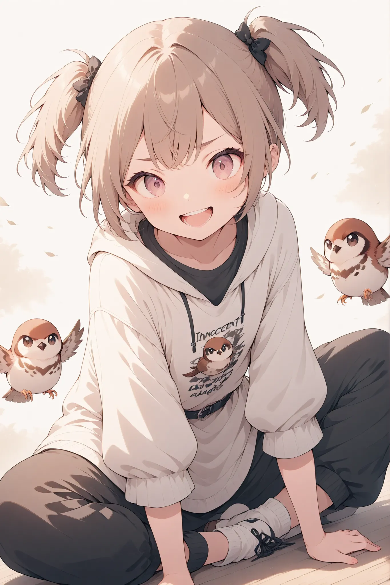 A girl with a sparrow as a motif、 Hair、Mini Twintails、Innocent Girl、boyish、brown and white clothes、rolling on the floor laugh