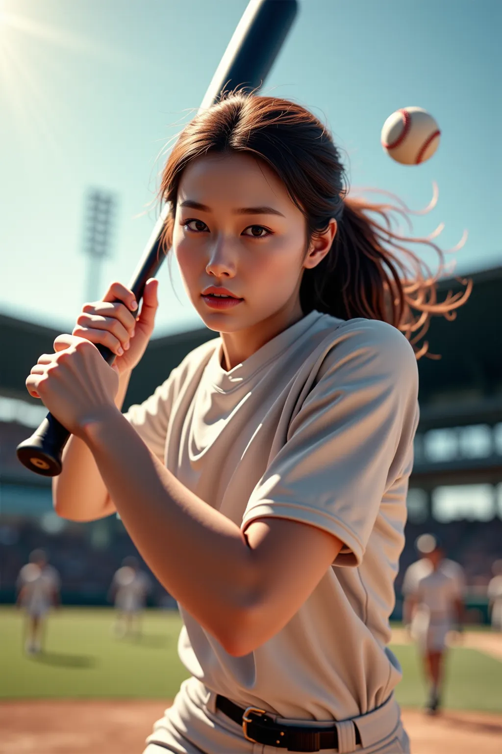 Professional Baseball Player Female, Depicting the Moment of Making a Home Run, Swinging a Baseball Bat powerfully with both hands, Dynamic moment when the ball hit by the bat flies into the sky, Dramatic Scene Capture of Dramatic Reversal, 4K, high resolution, Realistic, photorealistic, HDR, Professional Natural Lighting, vibrant colors, Performance
