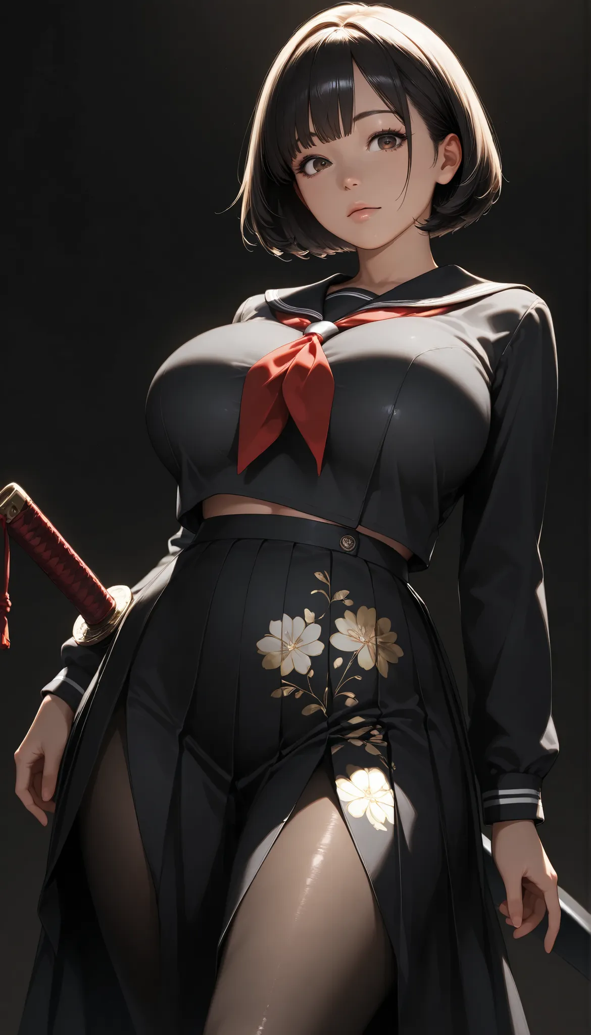 1 girl on break day, standing, girl, 22 years old , short hair, bob cut, black hair, detailed cute brown eyes, Curled eyelashes, (Big Breasts:1.2), beautiful eyes on my stomach, detailed eyes, beautiful face, masterpiece, best quality, great quality, very ...