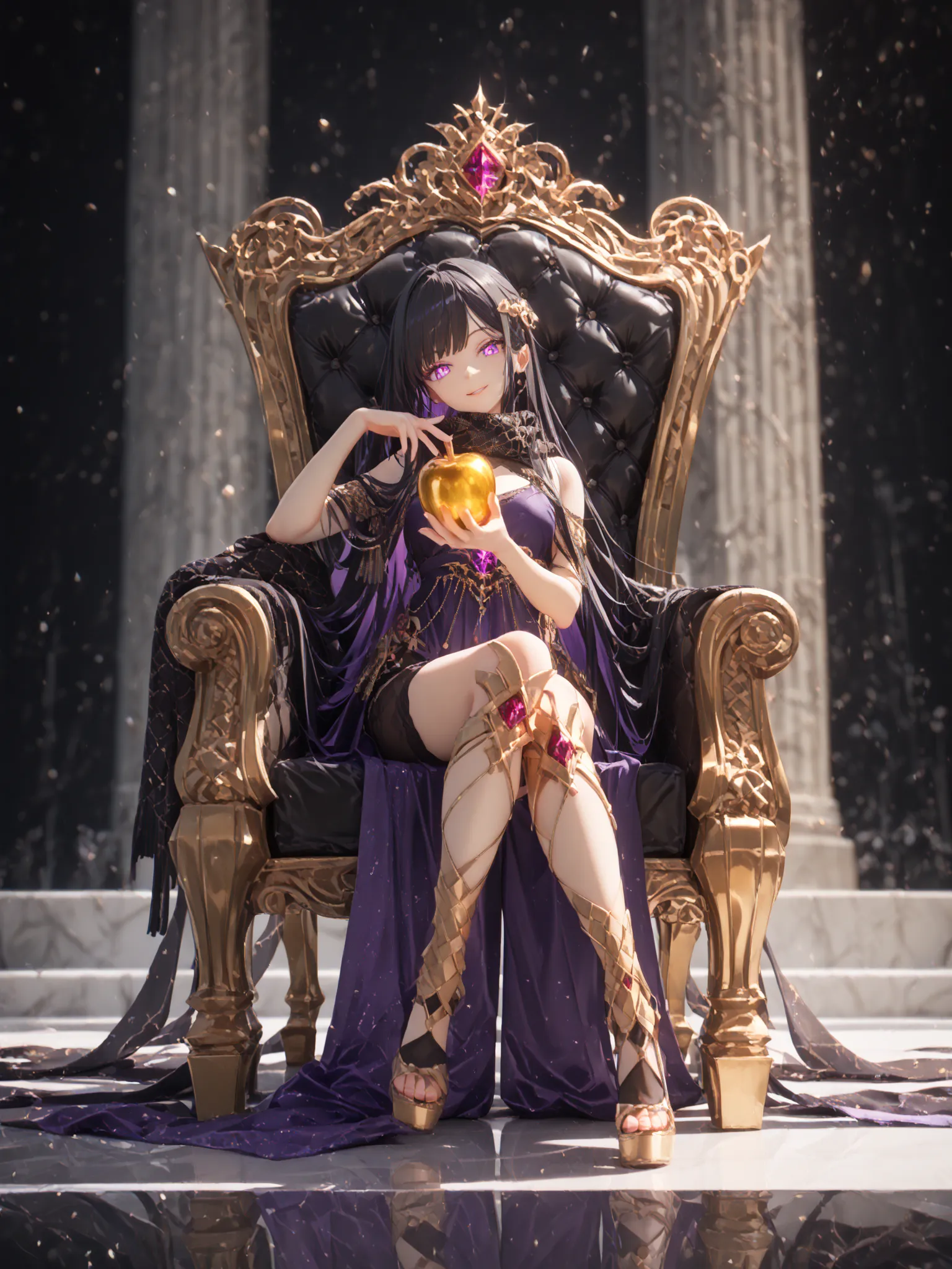 1 Girl, Black hair, long hair, glowing violet eyes, holding an ominous golden apple, lift up the apple, luxury red and violet noble dress with metallic gold embeddings, black see through scarf, floating scarf, sitting on a throne, Luxury throne, crossing legs, head tilt, menacing smile, hand on the throne seat, full body view