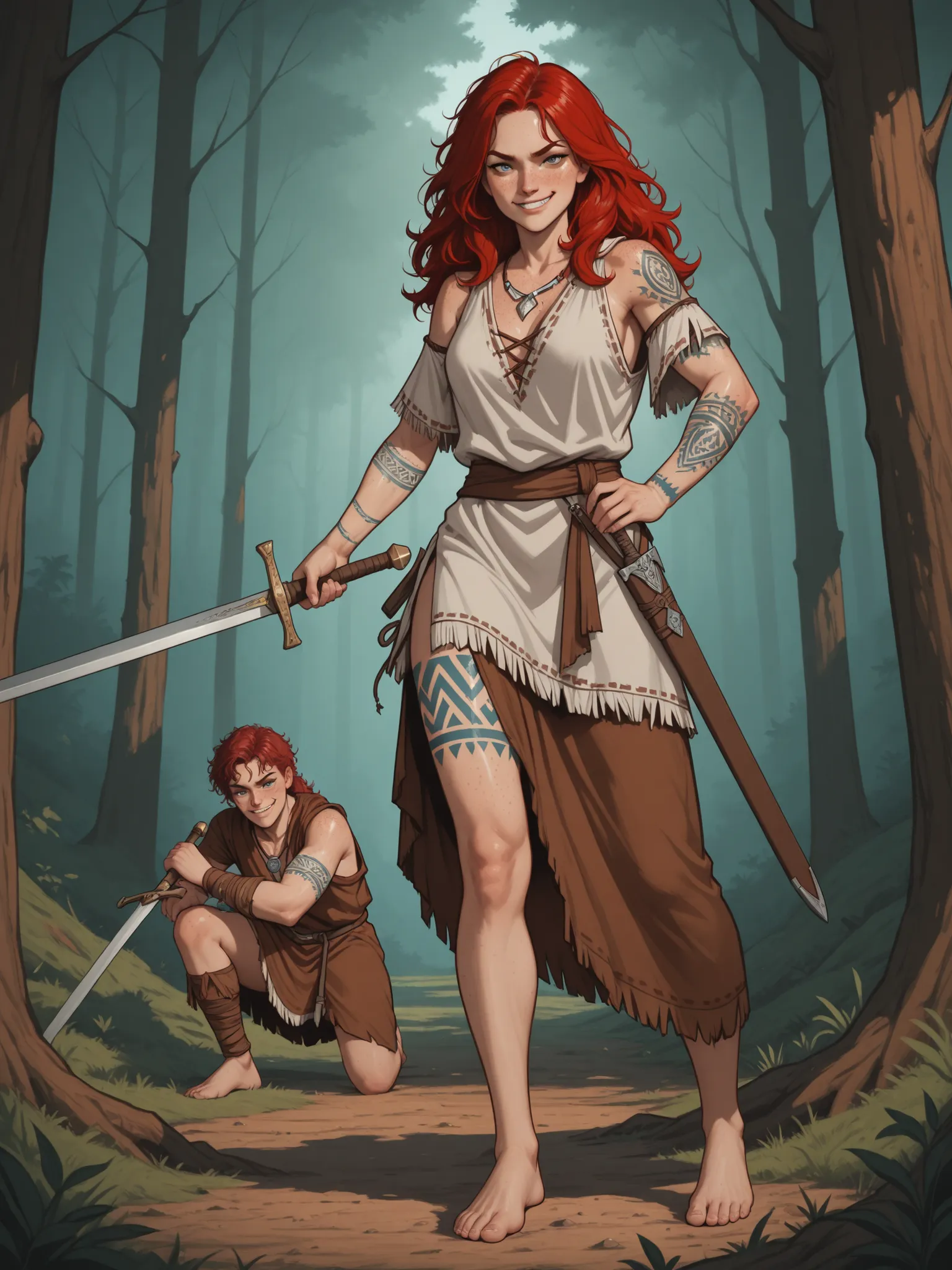 Full-length Celt warrior woman with freckles with disheveled protruding red hair with shaved temples, athletically built with blue Celtic tribal tattoos in a loose linen tunic in antique style, sword , barefoot, in the forest, arrogant gaze, aggressive po...