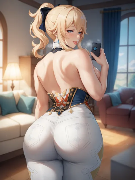 living room, filming a video, NTR, infidelity, Score_9, score_8_up, score_7_up, score_6_up, source_anime, rating:general, 1girl, beautiful woman, beautiful body, body heat, curvy, mature, white skin, back view,  looking at viewer, seductive look, seductive...