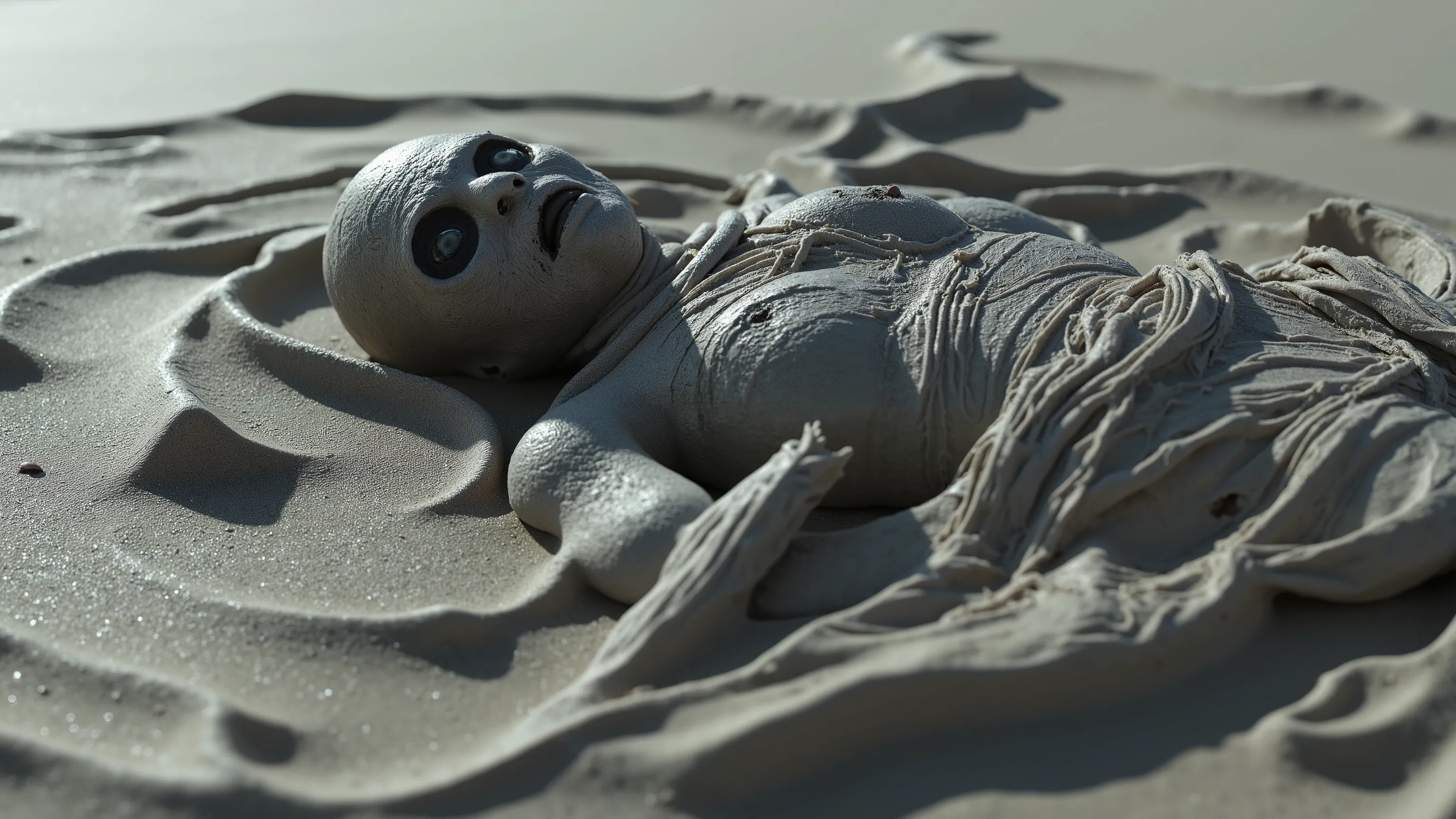 An hideous ancient alien mummy in a Kinetic Sand Temporal Flux style, where the passage of time is captured in the fluidity of sculpted sand. Fleeting shapes are illuminated by hints of grey and white, with a delicate interplay of light and shadow emphasis...