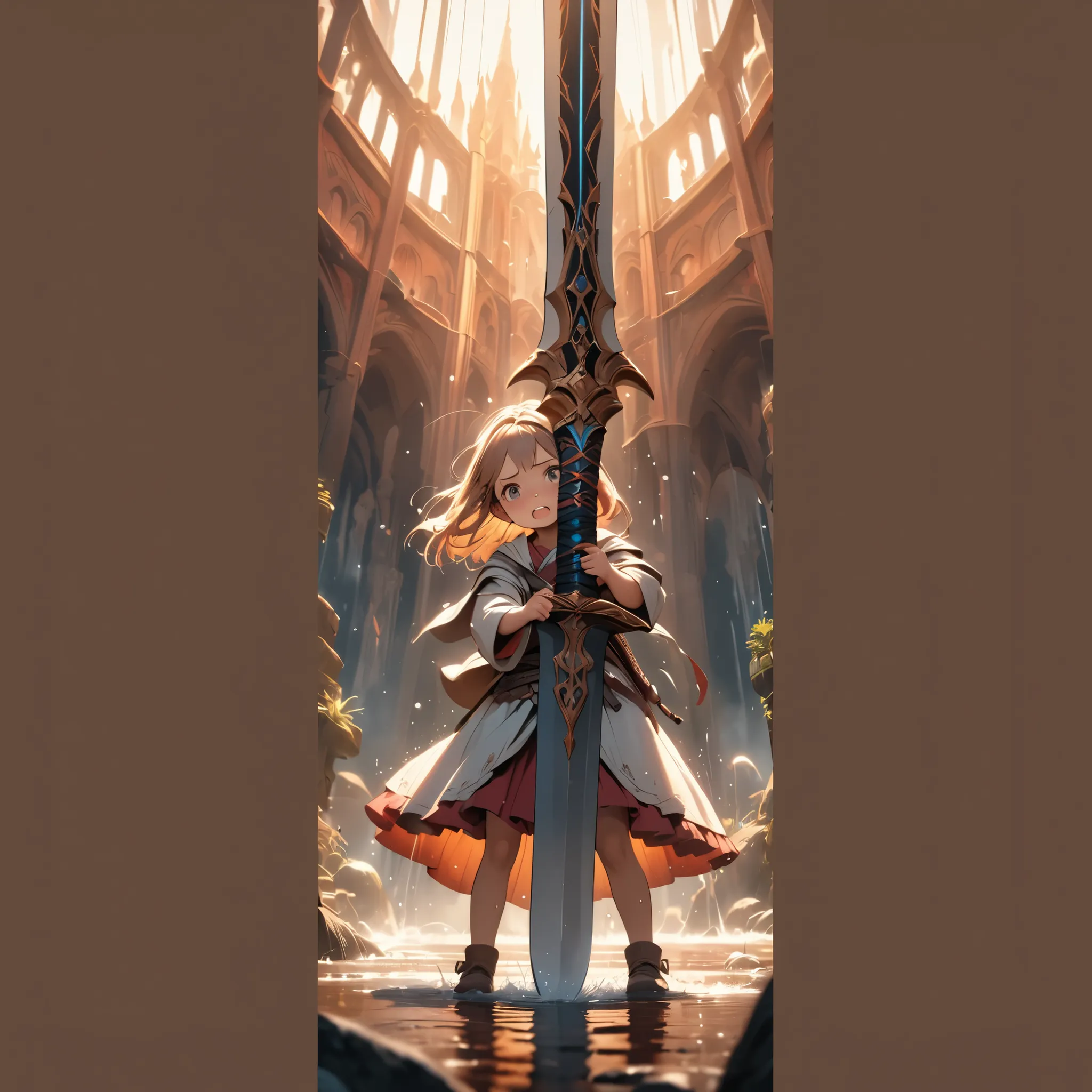 A Young Girl with a Big Weapon , cute expression, is struggling to lift a sword that is too big, Desperately Strong , face turned bright red, sweaty, Extremely wide shot , photorealistic, 8k, very detailed from below si, dramatic lighting, Warm colors, pe...