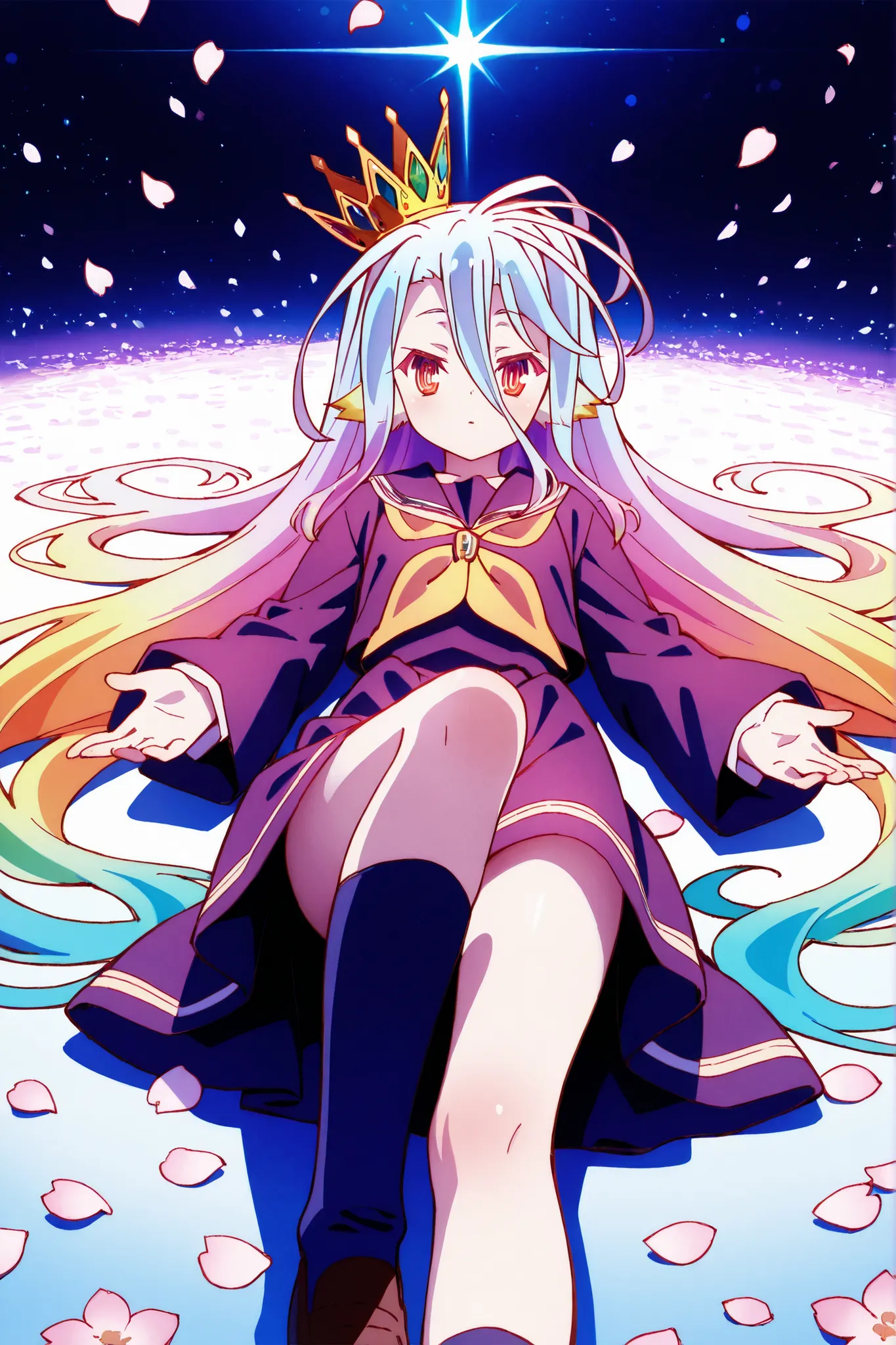 Shiro from No Game No Life, lying down, reaching toward the viewer with her right hand, dramatic foreshortening, dynamic perspective from a low upward angle, long flowing multicolored gradient hair (white to lavender, soft pink and light blue tones), large...
