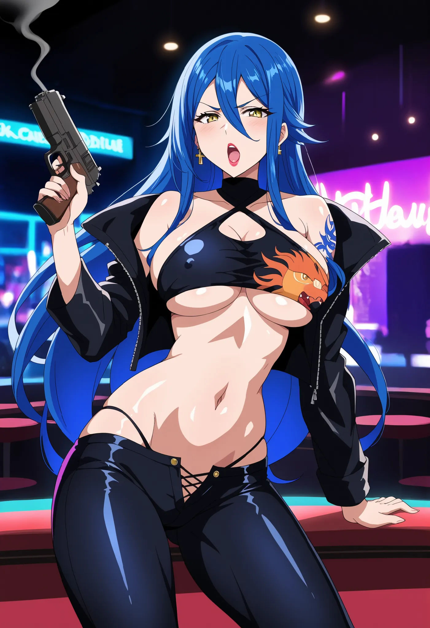 highschoolddKalawarnar, best quality, masterpiece, uncensored, 1girl,solo
long hair,hair between eyes,yellow eyes,,glaring,blue hair, shiny skin, , , ear piercing, long hair, blush, lipstick,Hot girl, baddie, smoking, sensual, attractive ,standing,,pull_do...