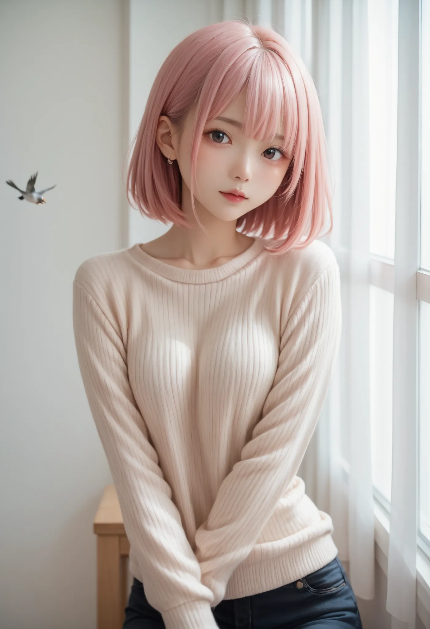 Japanese、Beautiful Girls、pink hair、bob hair、knitted sweater with little birds、miniskirt、