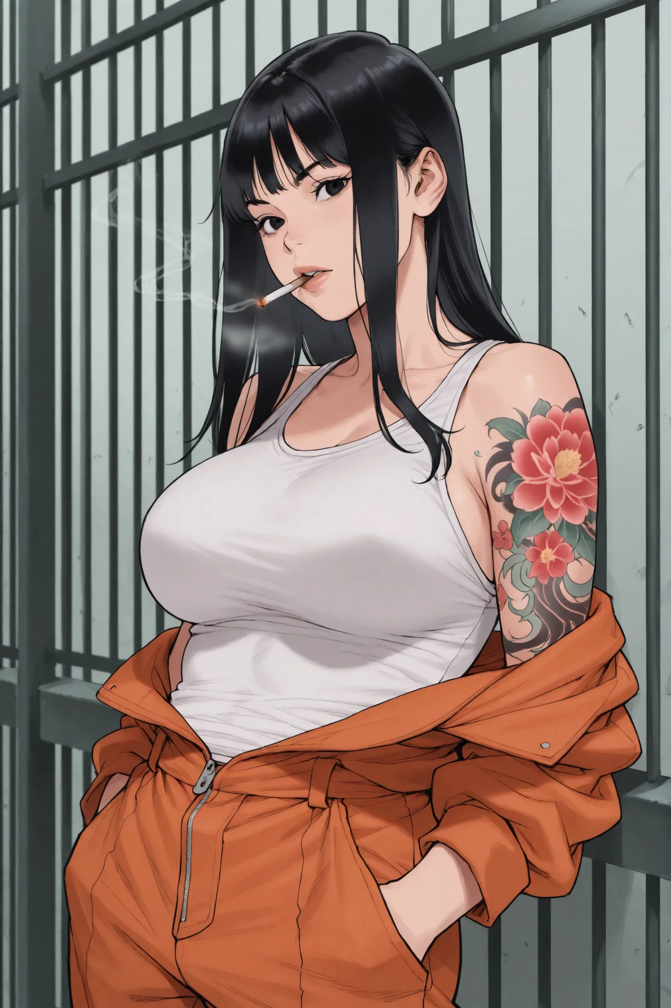 1 girl, long black hair, black eyes, voluptuous, yakuza tattoos, white tank top, orange jumpsuit, iron fence, prison yard, leaning back, smoking, look at viewer