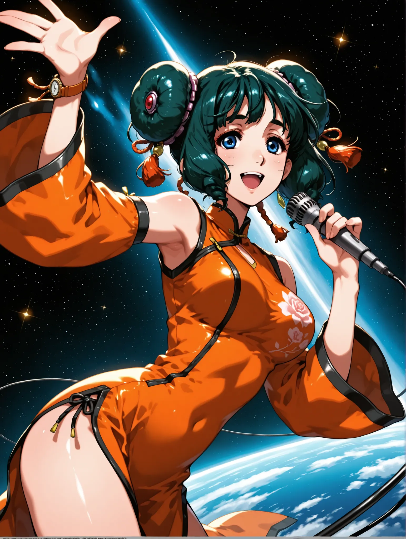 (masterpiece、Highest Quality、Highest Quality、Official Art、beautiful and beautiful:1.2)、(1 girl on break day:1.3) Ling Min Mei ,1 girl, two big bun hair、black hair、beautiful breasts, Watch Viewers, smile, (( Ling Min Mei of macross)),red china dress、open y...