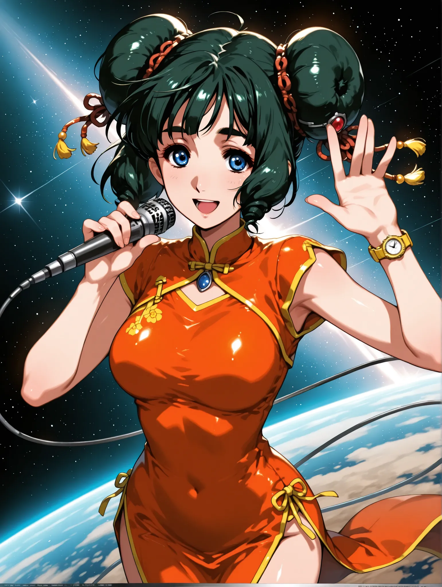 (masterpiece、Highest Quality、Highest Quality、Official Art、beautiful and beautiful:1.2)、(1 girl on break day:1.3) Ling Min Mei ,1 girl, two big bun hair、black hair、beautiful breasts, Watch Viewers, smile, (( Ling Min Mei of macross)),red china dress、open y...
