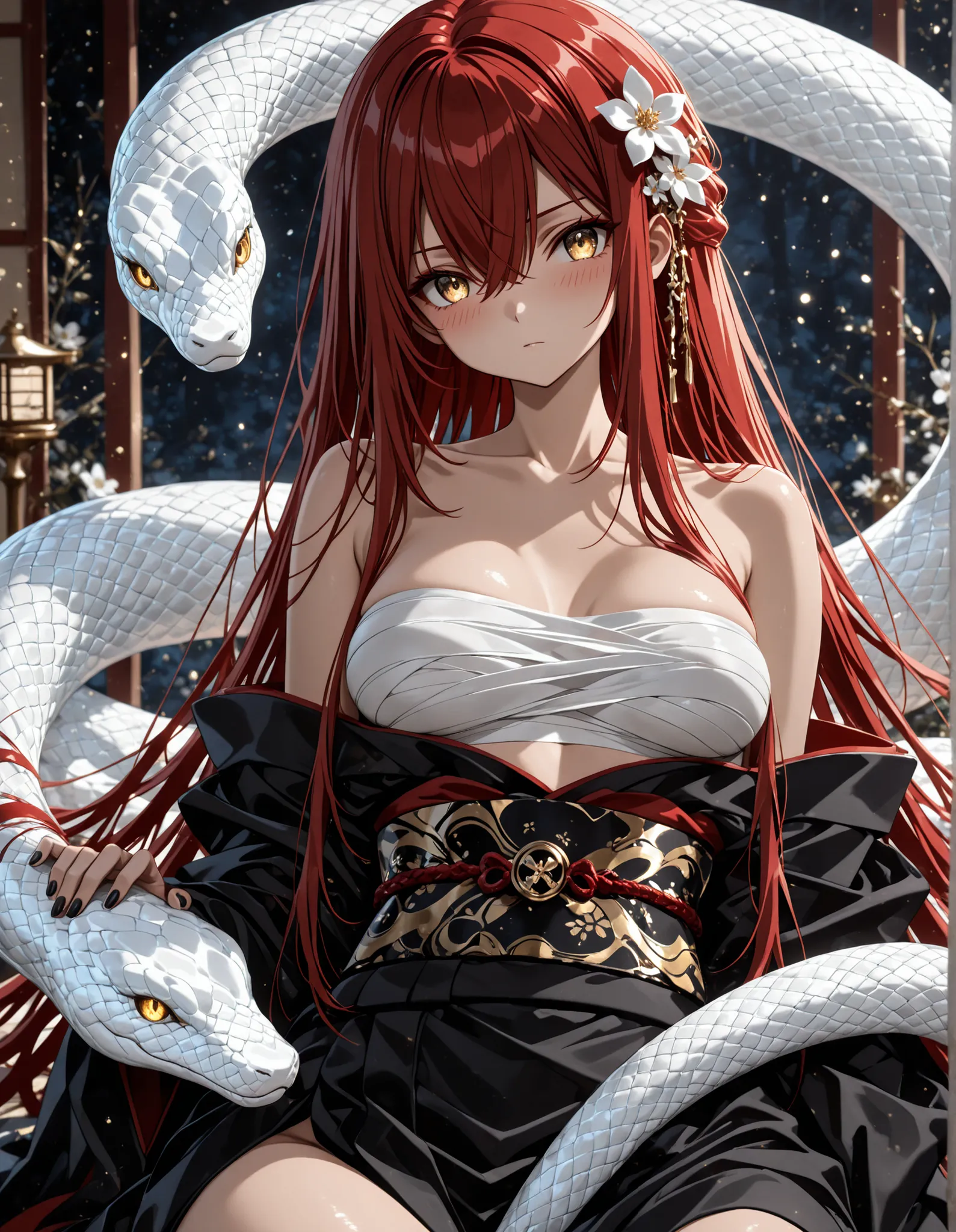 1woman, golden eyes , very long hair , long sidelocks, red hair ,half updo, petite , very cute , beautiful ,Straight hair, cool, handsome, hair between eyes, sexy, medium large breast, kimono, sarashi, japanese clothes,  flower, black nails, blush, white s...