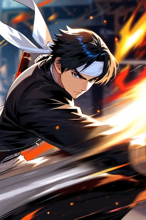 King of Fighters protagonist, Kyo Kusanagi, black hair, A young man wearing a school run with a white bandana wrapped around his forehead, The protagonist of King of Fighters holds up with a fist in flames((motion blur:1.peedline、action line、blurred background))