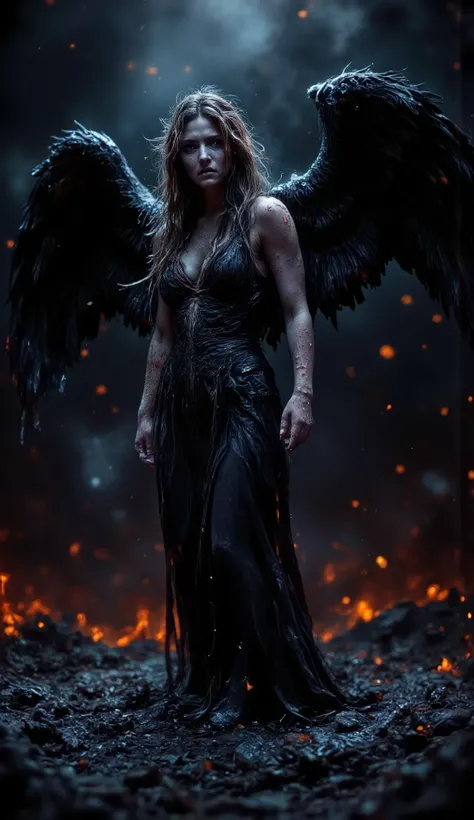 Really epic realistic and very low coloured portrait, 25 years old tall muscle scantily clad sexy angry and furious innocent woman as a devil of darkness falling into the ground with greatest dark angel wings looking into the hell from the left side. Angel...