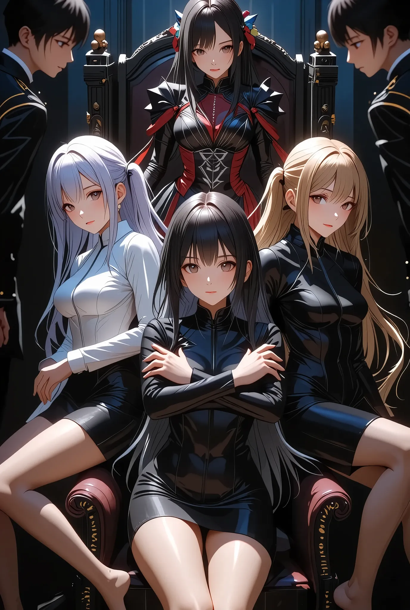Hateful Villain Anime Character, (Seductive Adult Officers, villain daughter is crossing her arms in front of her chest, The mean empress who stomps on you, Gothic ta girl sitting on a throne with her legs crossed), dark fantasy, (she looks down on you wit...