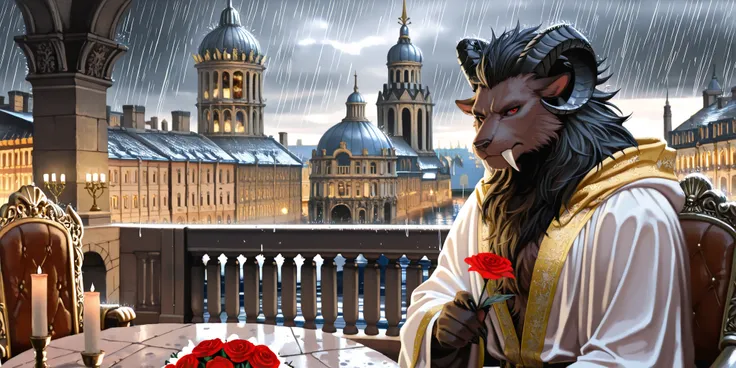 leonhart sits at table, date, festive dinner, king kneeling and holding flowers in hand, king paying attention to the viewer, the king stands in royal robes with a flowers, rain, nobleman leonhart holds flowers, leonhart pays attention to the viewer, lovin...