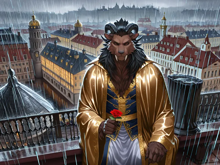 leonhart sits at table, date, festive dinner, king kneeling and holding flowers in hand, king paying attention to the viewer, the king stands in royal robes with a flowers, rain, nobleman leonhart holds flowers, leonhart pays attention to the viewer, lovin...