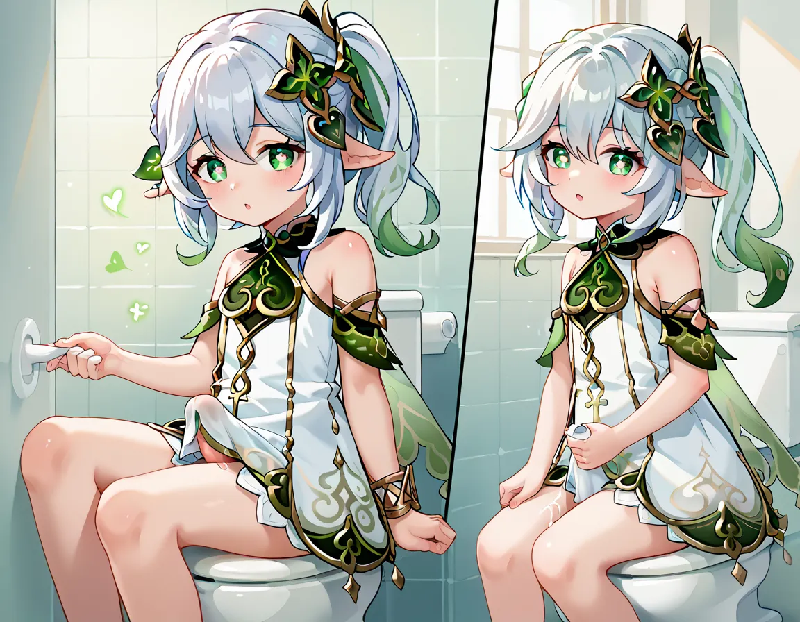 score_9, score_8_ up, score_7_ up, source_ Anime Break， high image quality ，(((,young girl putting down her left leg)), Nahida, Nahida \( Genshin\), green eyes, dress, white dress, pointed ears, cross-shaped pupils, symbol-shaped pupils, + +, Side Ponytail, long hair, white hair, multi-colored hair, hair ornament without jacket, ,erections behind clothes,very big erections behind clothes) ,Futanari,  giant_  masturbates, Make them ejaculate a lot , toilet room ,mucus dripping from toilet seat,stares at the viewer,motion blur,sound effect,penis,3koma,masturbating