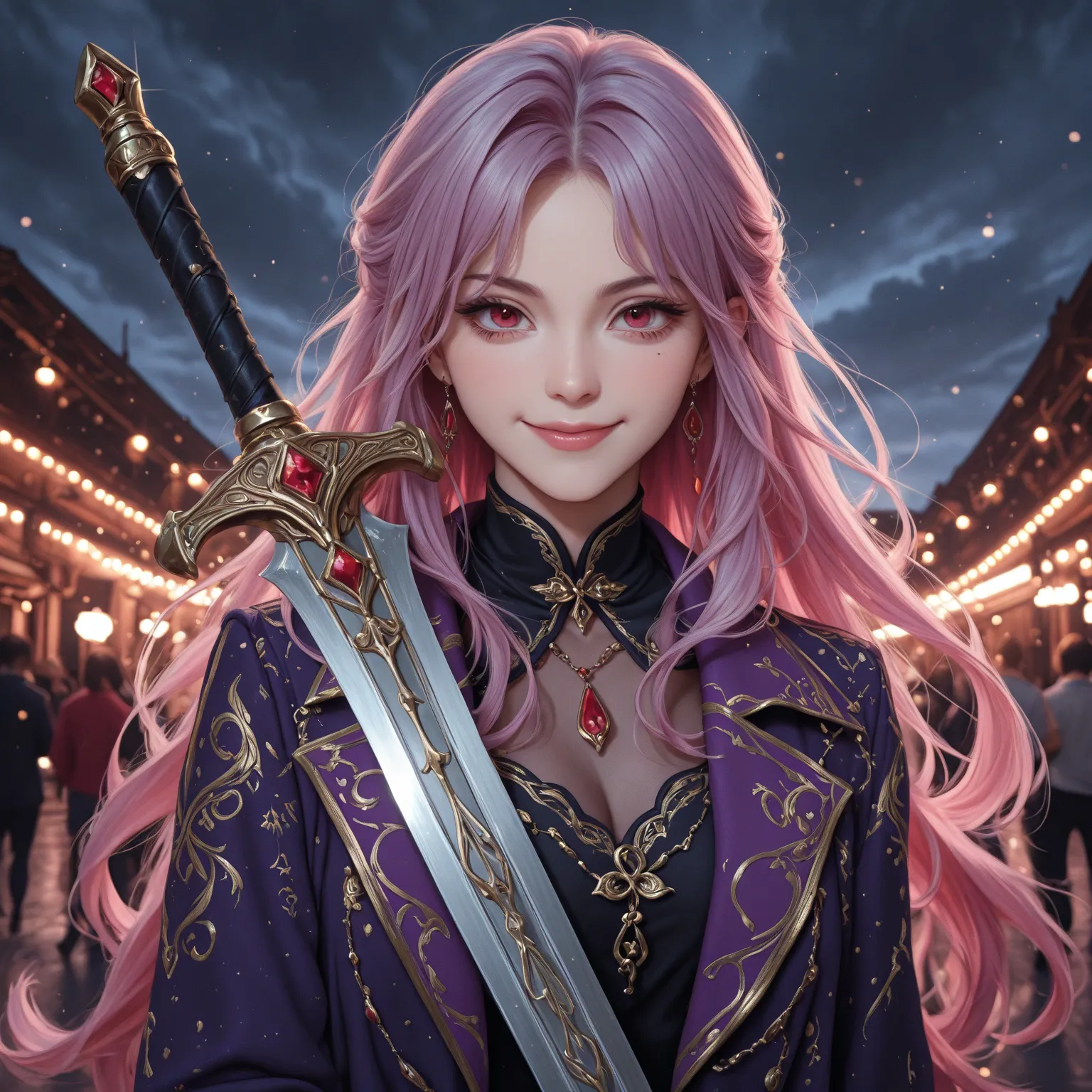 Masterpiece、Premium Quality、high quality、newest、high resolution、（8k）、Unique depiction of a lonely person、majesty、Mysterious woman，with flowing long hair、} Charming eyes、Ugly Smile、black and red tones、Purple coat、 Warrior Sword 、Stormy sky、Dynamic posture、bright luminosity、profound的細節、profound、Sports formation、transparency、Hedgehog angle、Deep background、transparency、Boring的形式、Deep background、transparency、Mysterious storytelling、grace的風格、grace、balance、Detailed composition、Boring、vivid、Detailed form、Hedgehog angle、Deep background、transparency、grace的風格、Detailed composition、Mysterious storytelling、Mysterious natural gradient、complex的紋理、Mysterious natural gradient、Detailed texture、Mysterious storytelling、Mysterious natural gradient、Mysterious storytelling、Detailed texture、fashion border、Exquisite、complex、Model copy PMG style、Audience Gallery。
pmg style，looking at the audience，