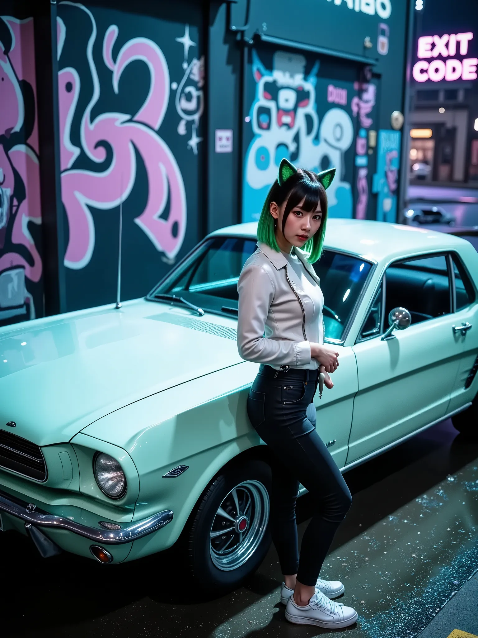 A scene from the movie  。white leather jacket with cat ear shortcuts {X}。shallow depth of field，Dramatic expression of wet skin and curves of the car。Perfect makeup shot，soaked，Night car wash，classic muscle car 63 Ford Mustang(Modified car)girl with green ...