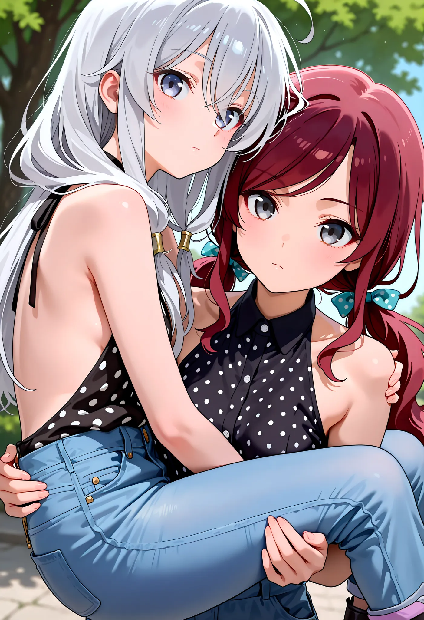 (masterpiece:1.2, Best Quality), (finely detailed beautiful eye: 1.2), (beautiful detailed face), close up, 2girls, carrying, piggyback carry, character: Elaina - (Majo no Tabitabi), character: sleeping, expressionless, backless sleeveless halter neck shir...
