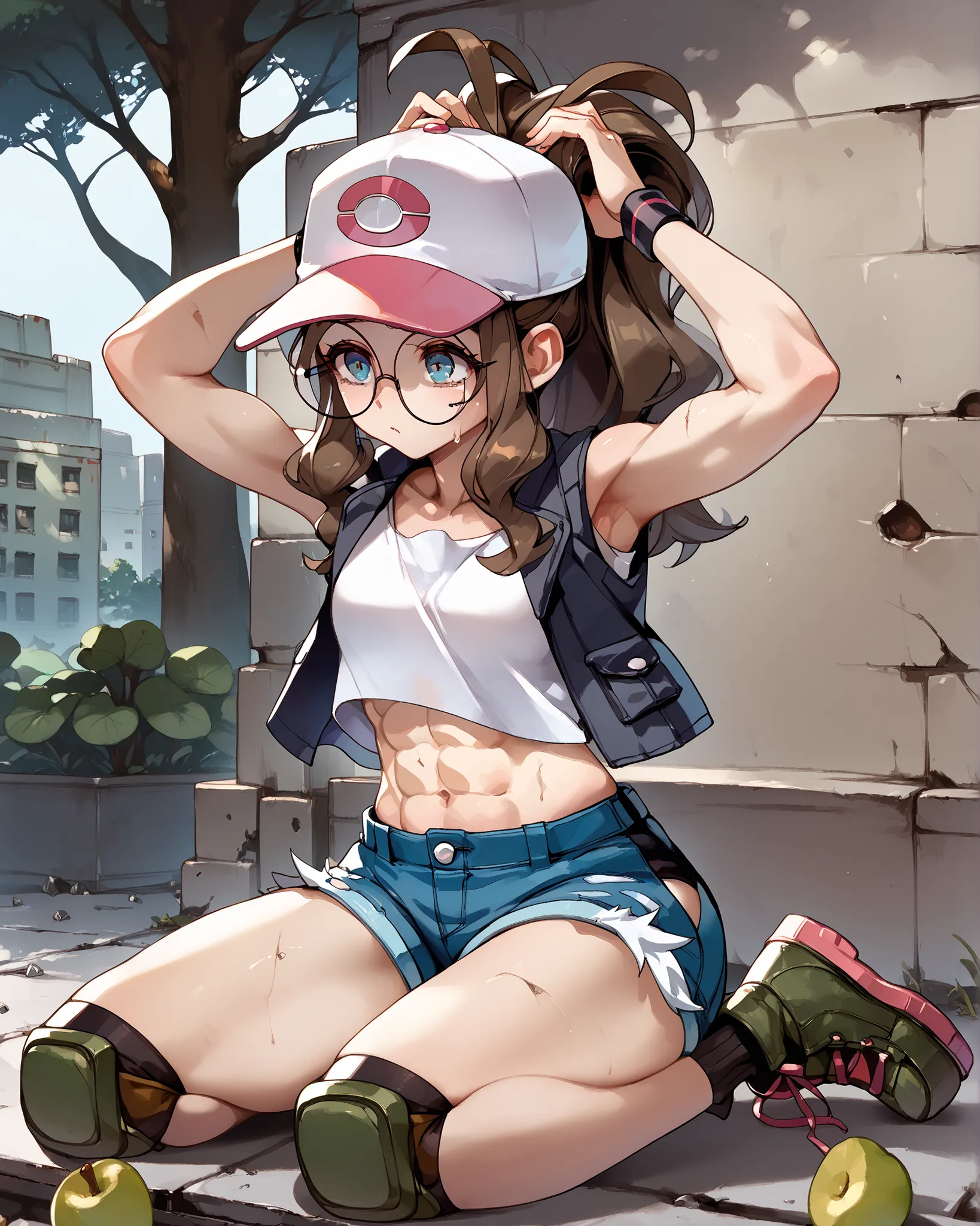 score_9, score_8_up, score_7_up, source_anime, UHD, BREAK, fio germi, pokemonhilda, BREAK, curly sidelock, round glasses, round eyewear, baseball cap, ponytail, blunt bangs, BREAK, urban park background, overgrown weeds, concrete sidewalk, BREAK, pear body...