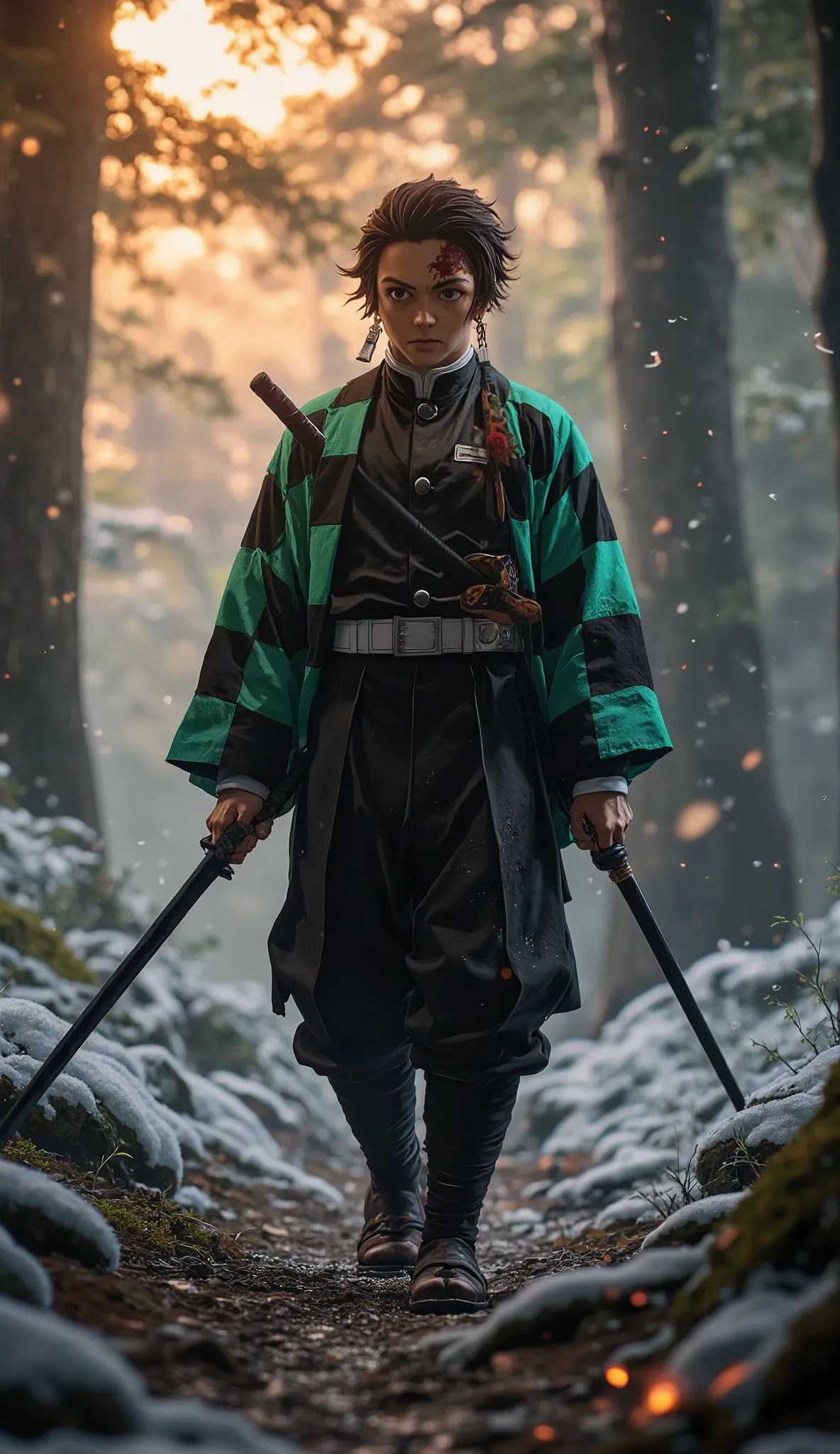 **"Ultra-realistic full-body portrait of Tanjiro Kamado (1.3) walking determinedly through a misty mountain forest at dawn, his signature black-and-green checkered haori fluttering slightly in the wind. The texture of his worn uniform fabric, scuffed tabi ...