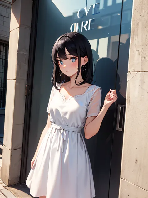1 woman, black hair, blue pupils, delicate face, cute, love earrings, white dress, standing in front of the police station, surreal