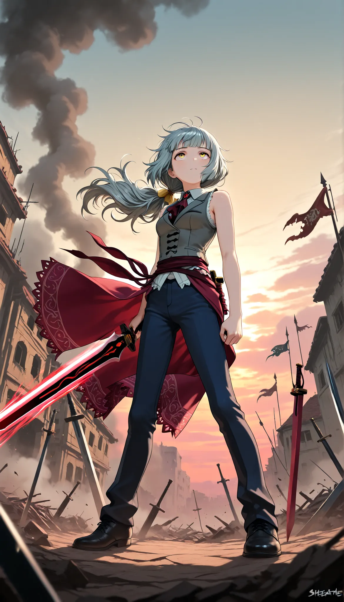 (Masterpiece, best quality), intricate details, JK, highly detailed, intricate details, solo, messy hair, yellow eyes, , looking up, long hair, gray hair, low ponytail, light skin, yellow eyes, gray sleeveless vest with white frill trim,thin, light gray ...